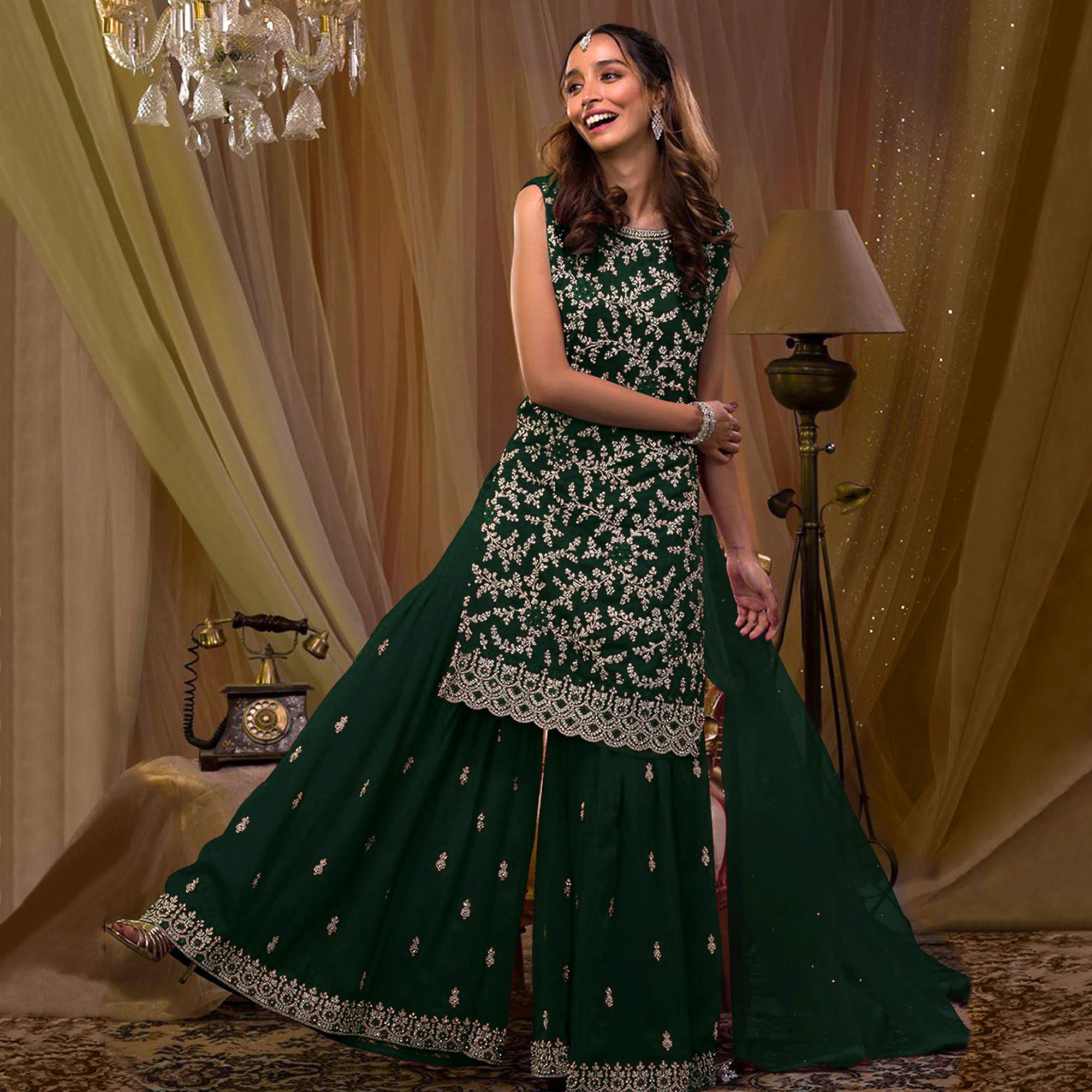Green Sequins Embroidered Georgette Semi Stitched Sharara Suit
