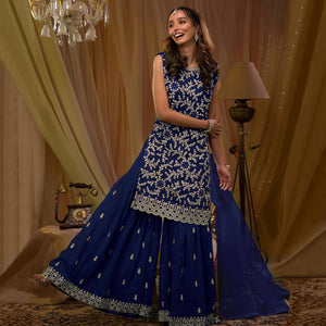 Blue Sequins Embroidered Georgette Semi Stitched Sharara Suit