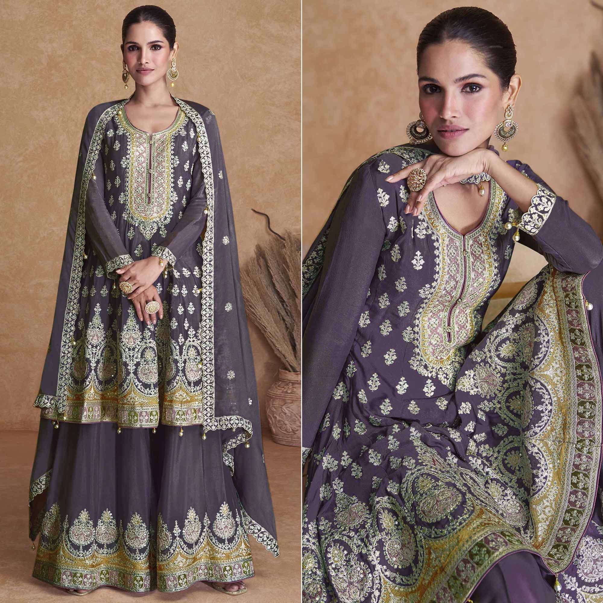 Purple Mauve Sequins Embroidered Georgette Semi Stitched Sharara Suit