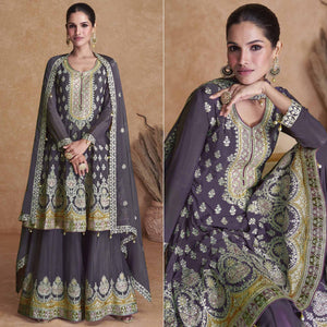 Purple Mauve Sequins Embroidered Georgette Semi Stitched Sharara Suit