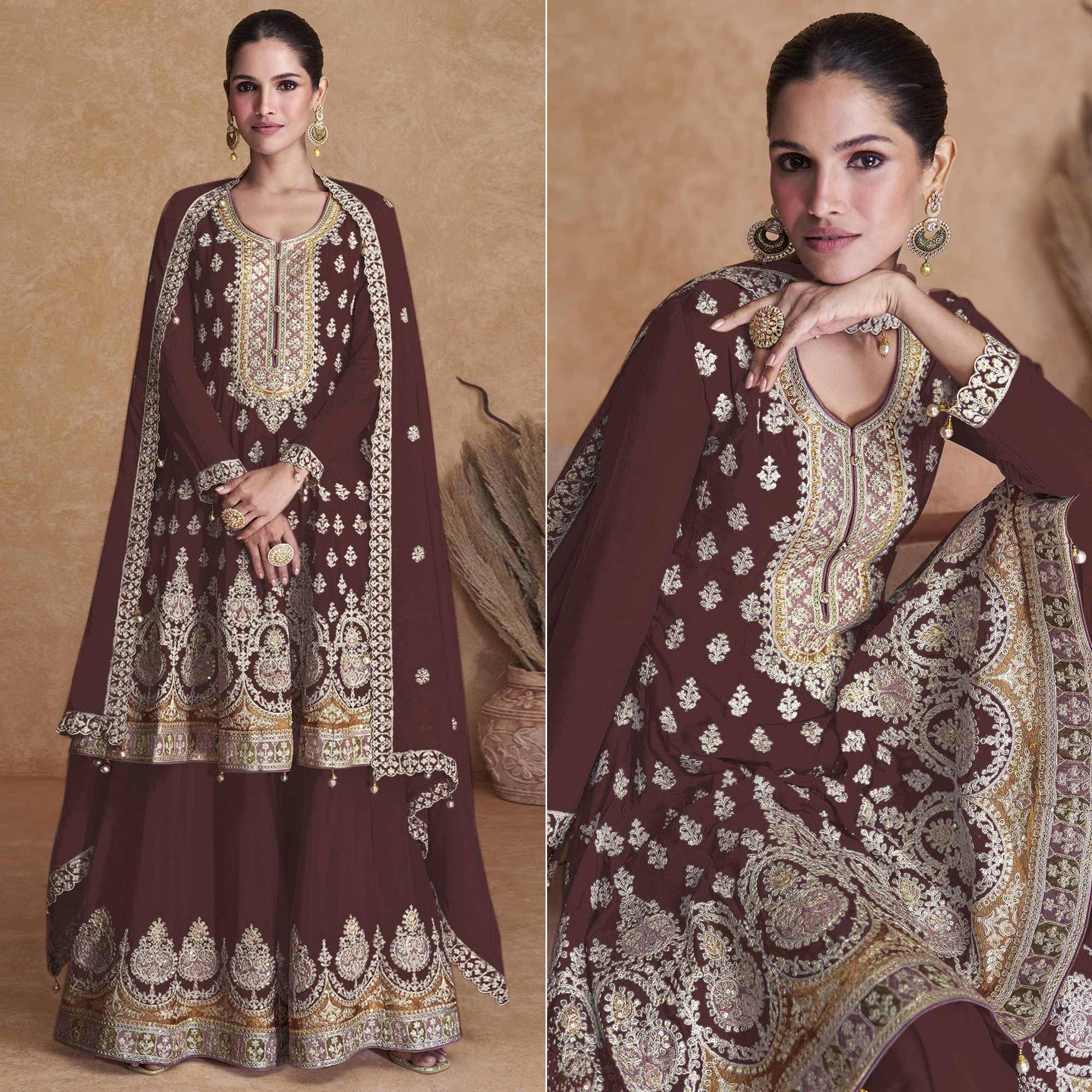 Brown Sequins Embroidered Georgette Semi Stitched Sharara Suit