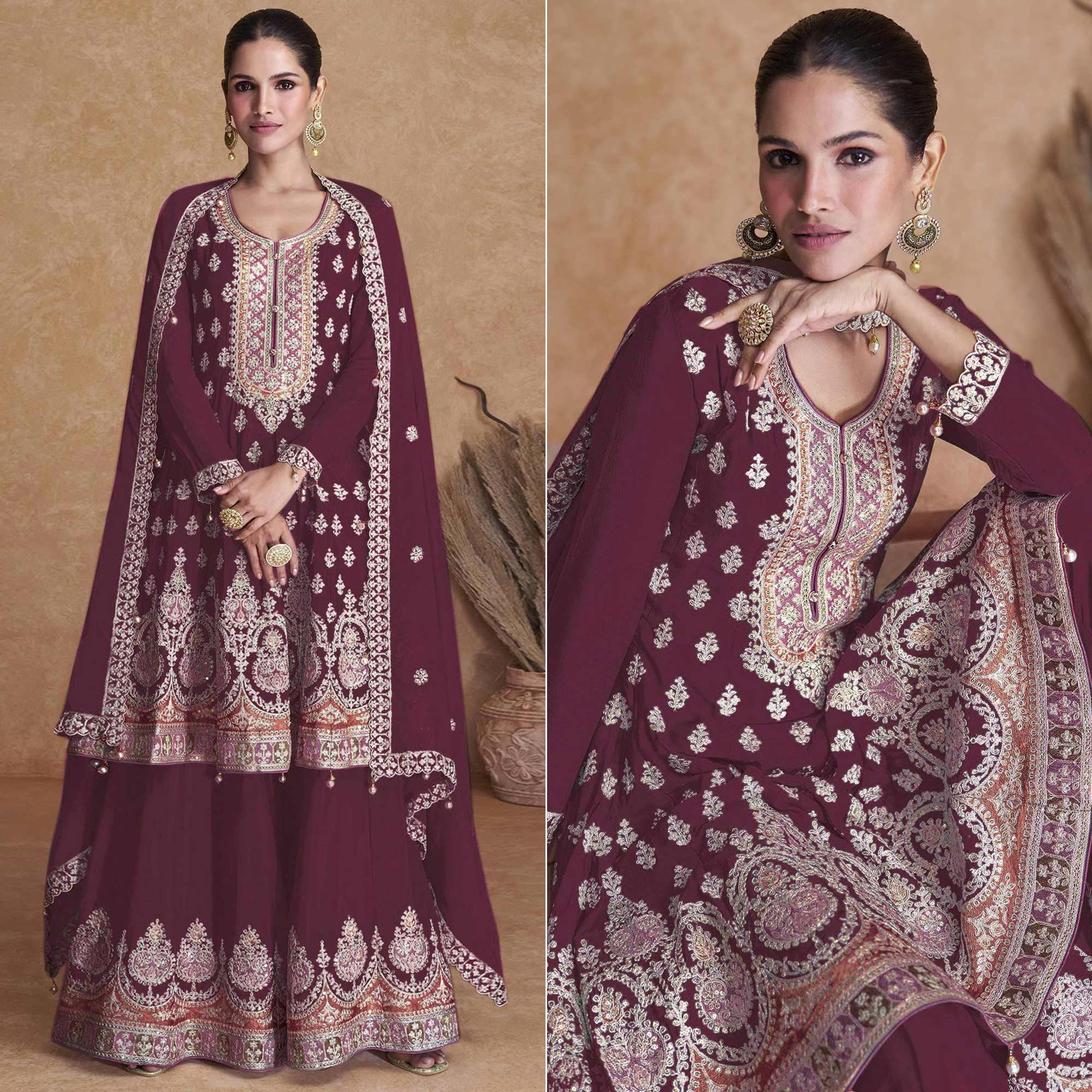 Maroon Sequins Embroidered Georgette Semi Stitched Sharara Suit