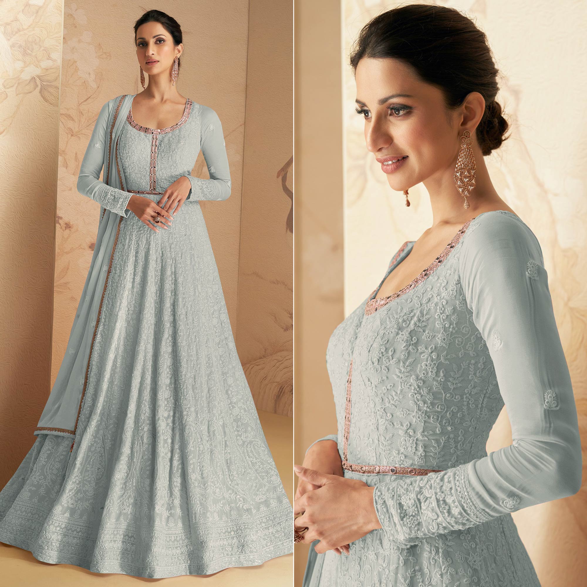 Light Turquoise Floral Embroidered Georgette Semi Stitched Anarkali Suit