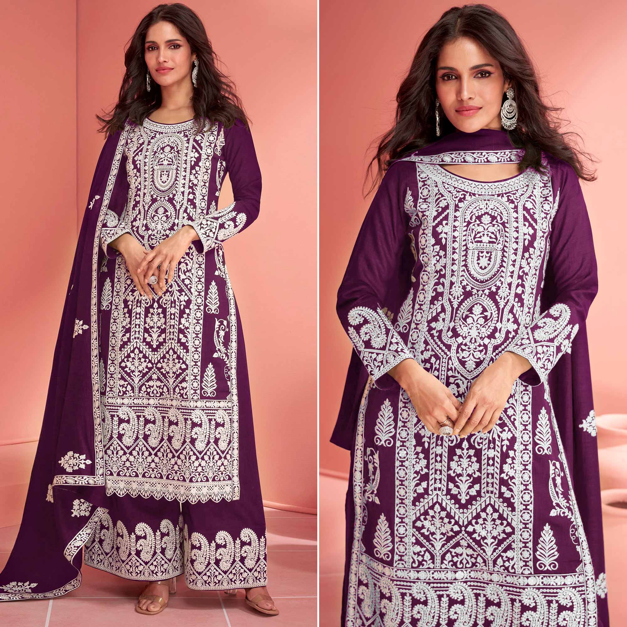 Purple Floral Embroidered Georgette Semi Stitched Suit