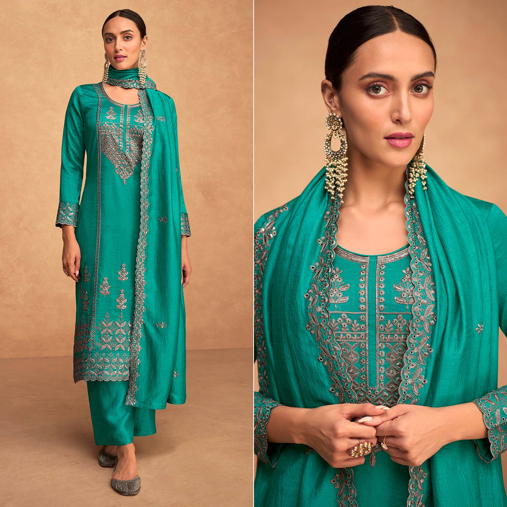 Rama Blue Sequins Embroidered Art Silk Semi Stitched Suit
