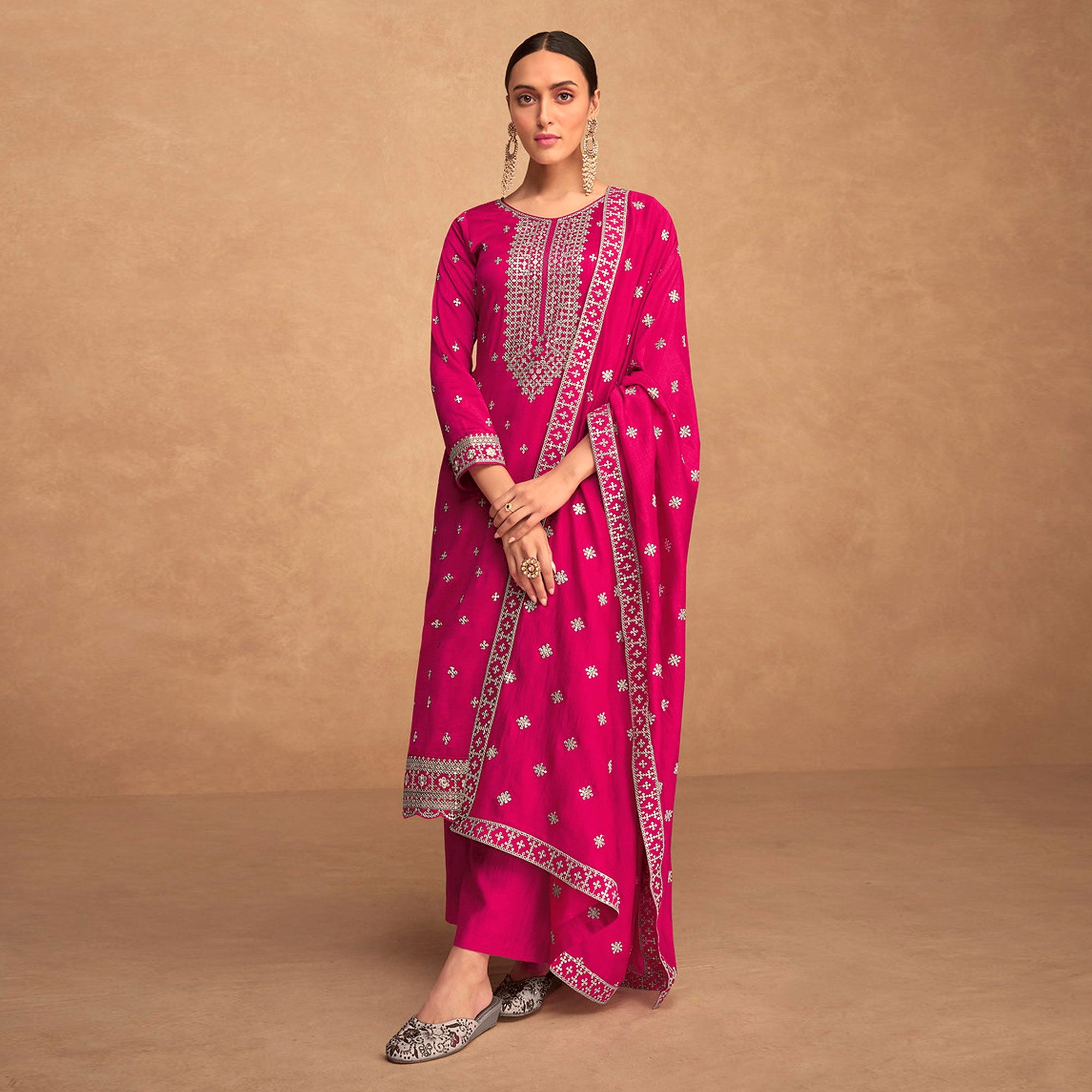 Pink Sequins Embroidered Art Silk Semi Stitched Suit