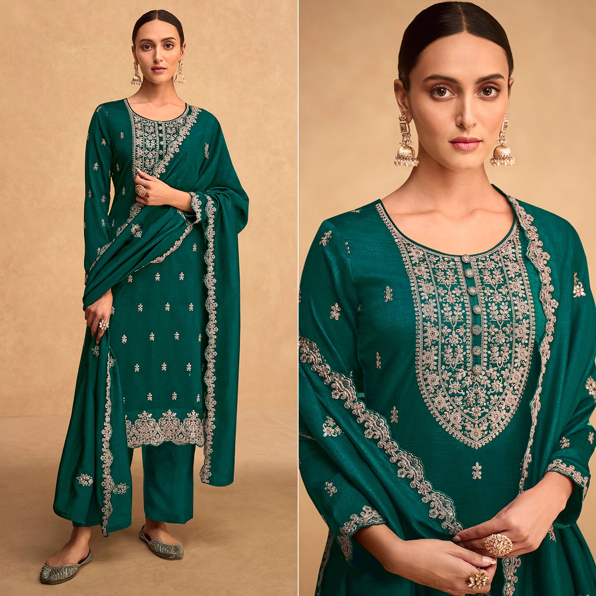 Green Sequins Embroidered Art Silk Semi Stitched Suit