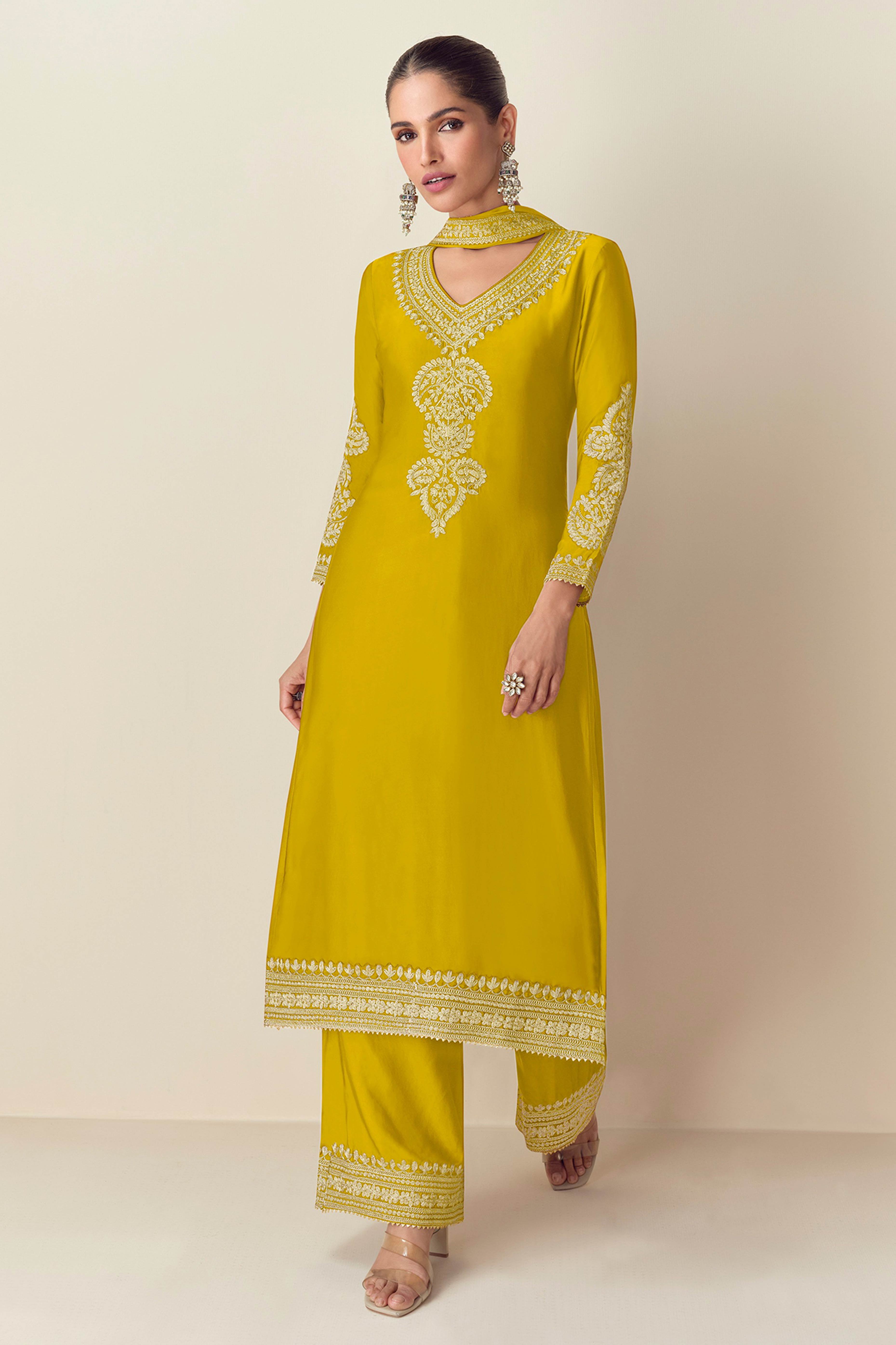 Exquisite Mustard Sequins Floral Embroidered Chinon Semi-Stitched Salwar Suit