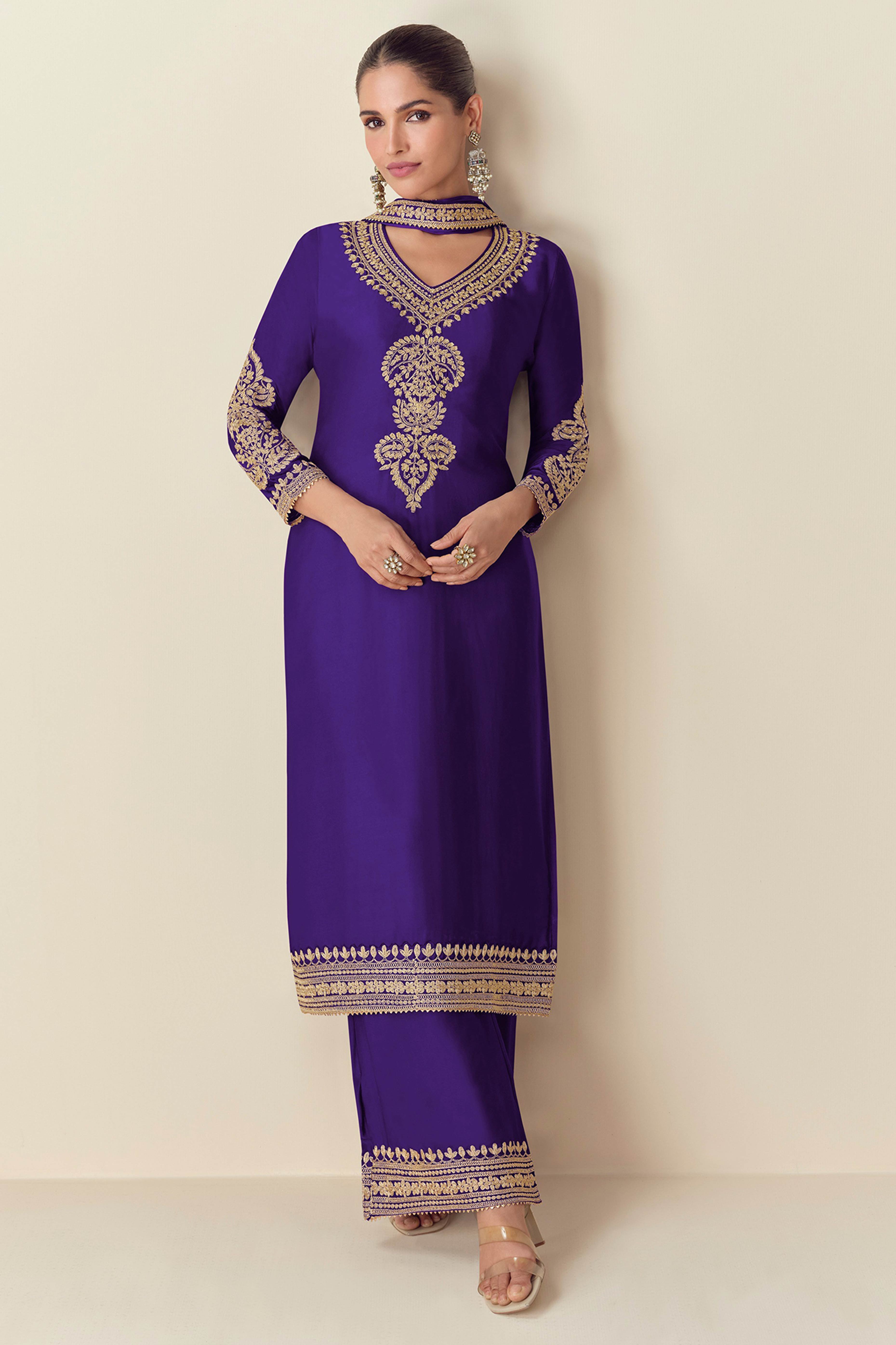 Exquisite Violet Sequins Floral Embroidered Chinon Semi-Stitched Salwar Suit