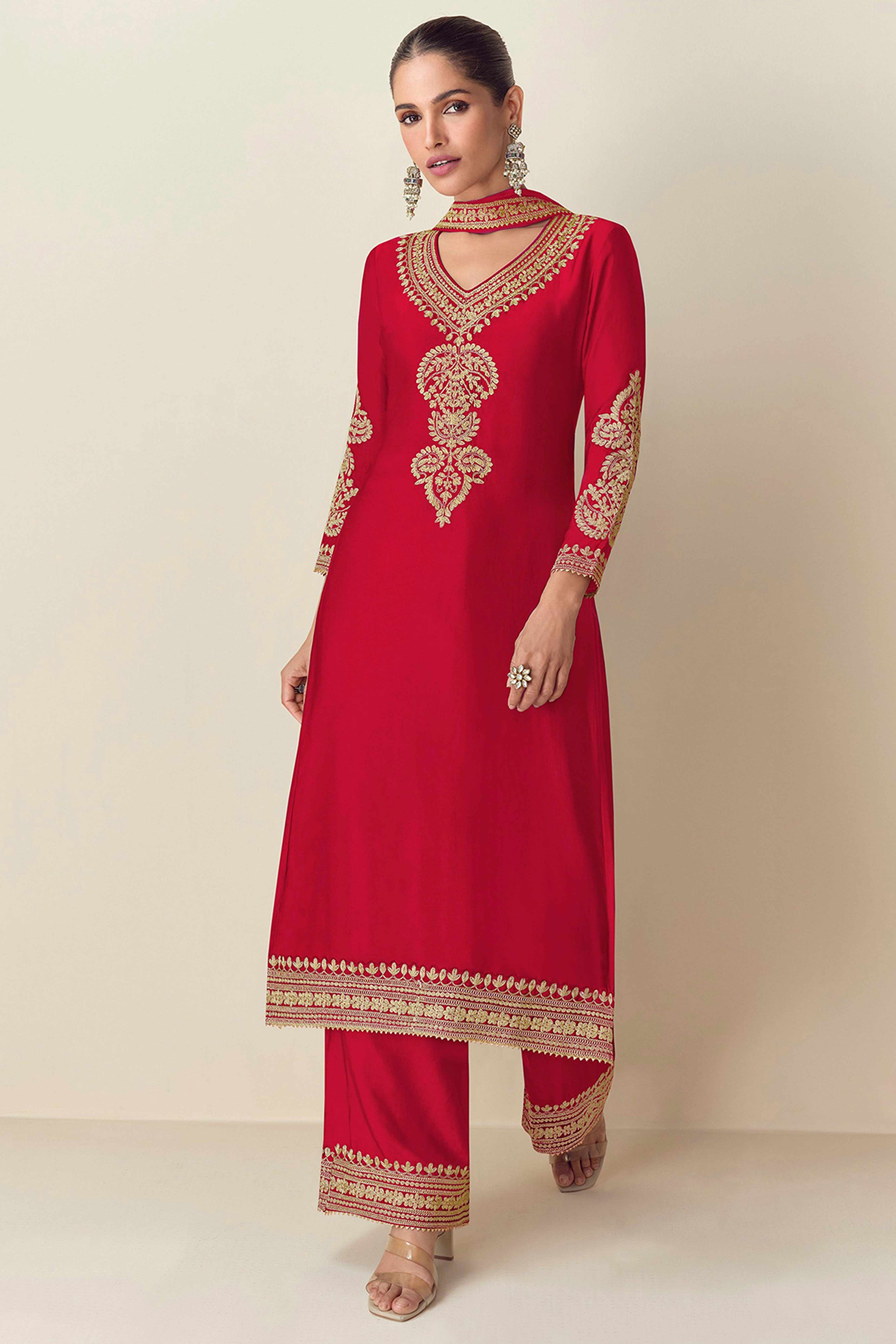 Cherry Red Sequins Floral Embroidered Chinon Semi-Stitched Salwar Suit