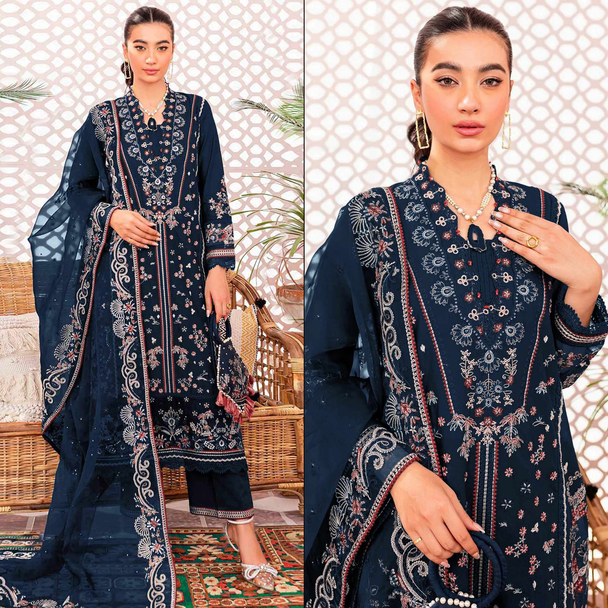 Blue Floral Embroidered Georgette Semi Stitched Suit