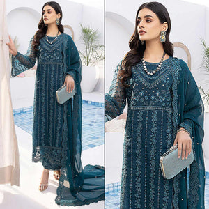 Teal Blue Floral Embroidered Organza Semi Stitched Suit