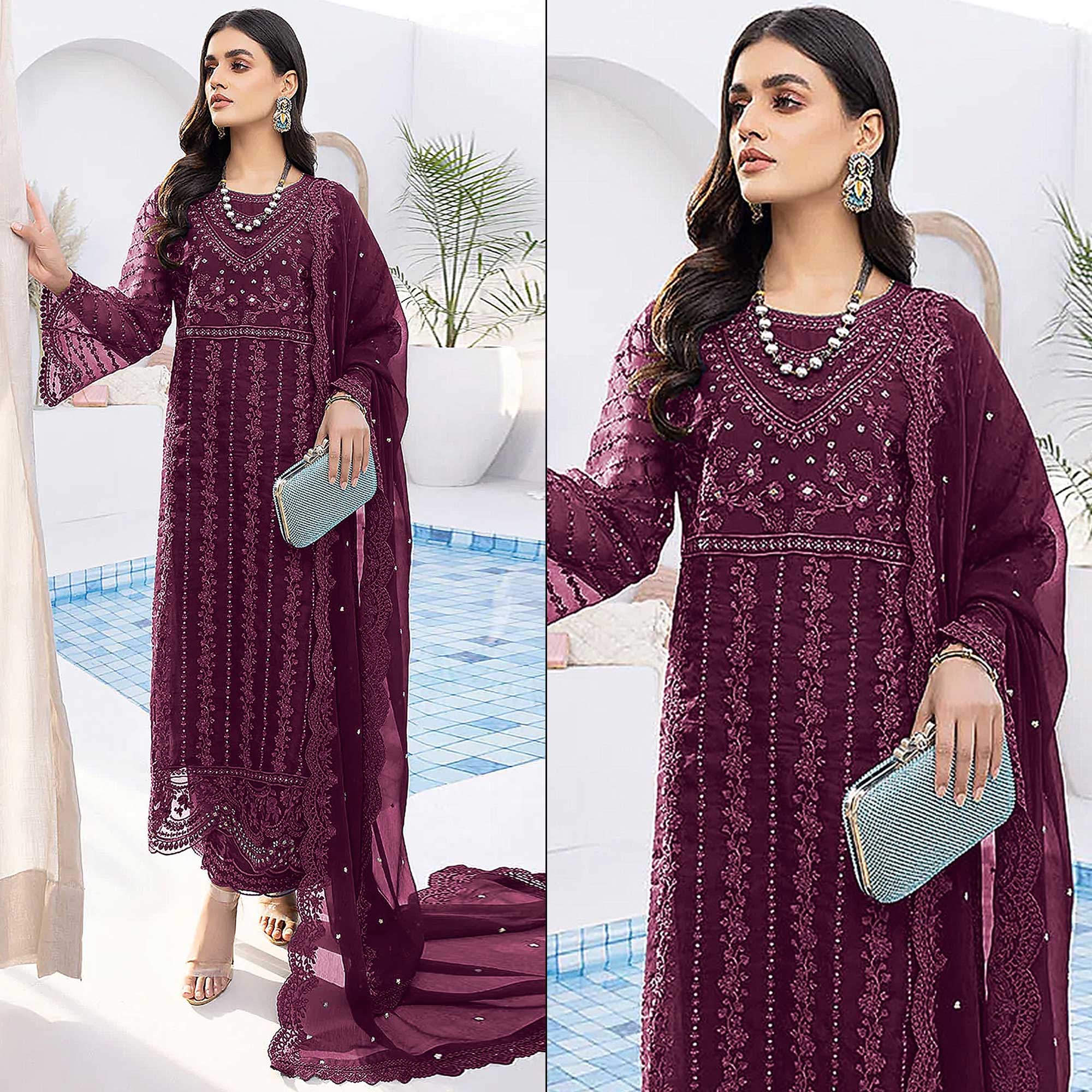 Wine Floral Embroidered Organza Semi Stitched Suit