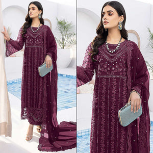 Wine Floral Embroidered Organza Semi Stitched Suit