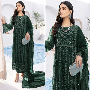 Bottle Green Floral Embroidered Organza Semi Stitched Suit