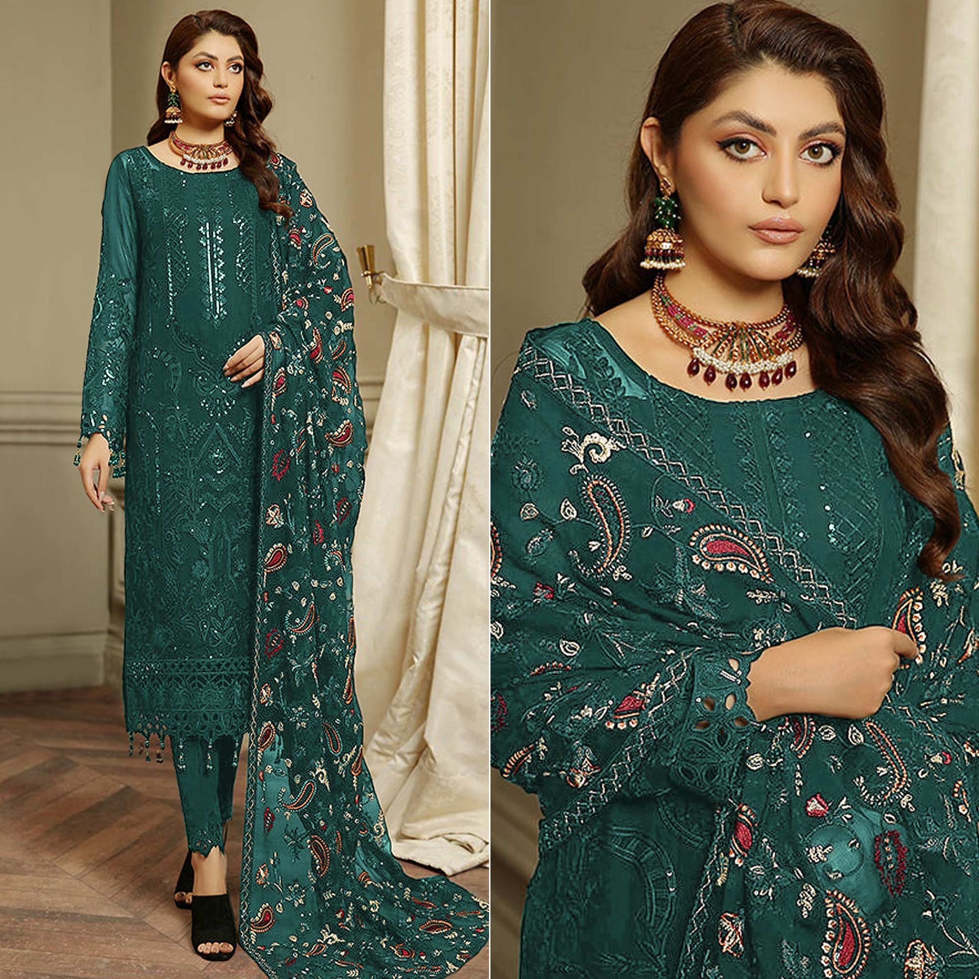 Green Embroidered Georgette Semi Stitched Pakistani Suit