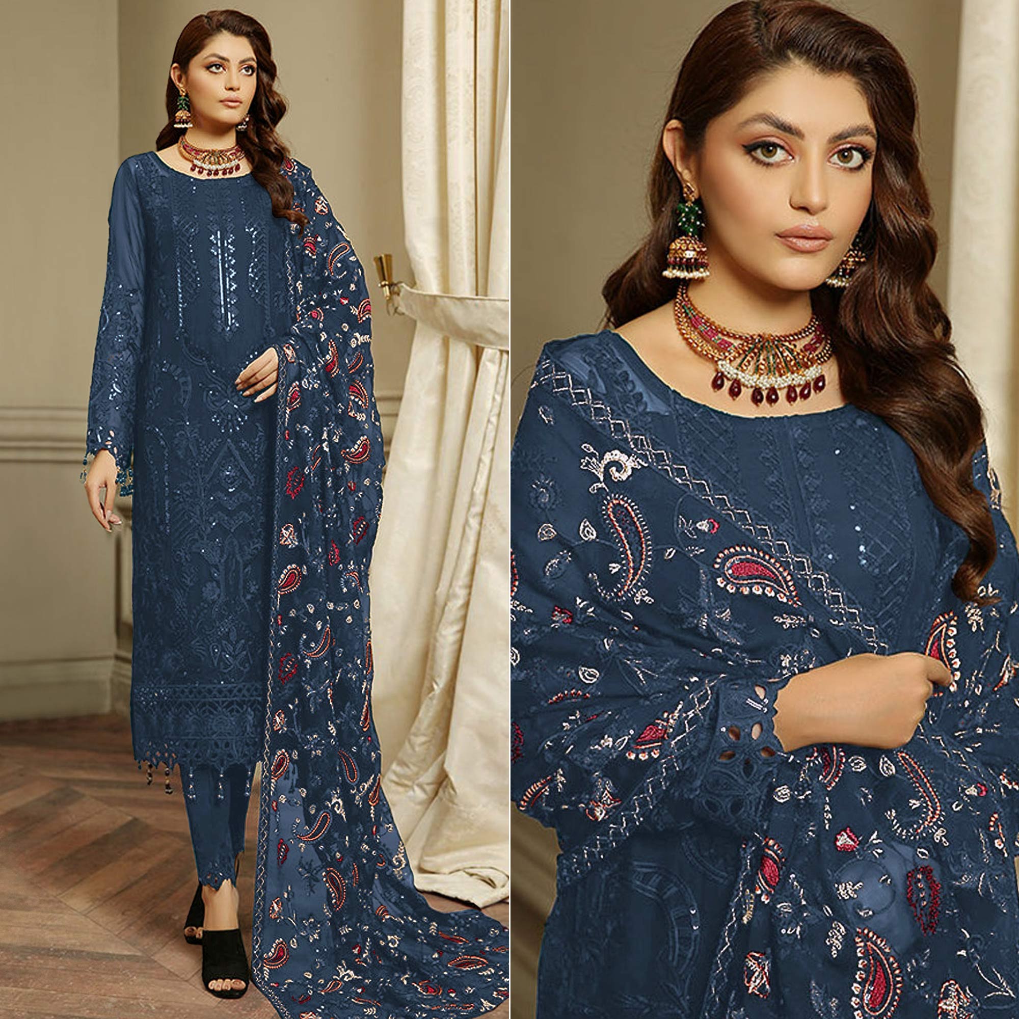 Blue Embroidered Georgette Semi Stitched Pakistani Suit