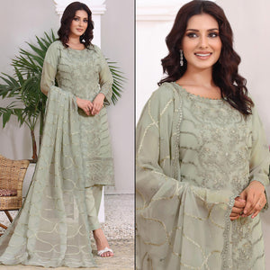 Green Embroidered Georgette Pakistani Semi Stitched Dress Material
