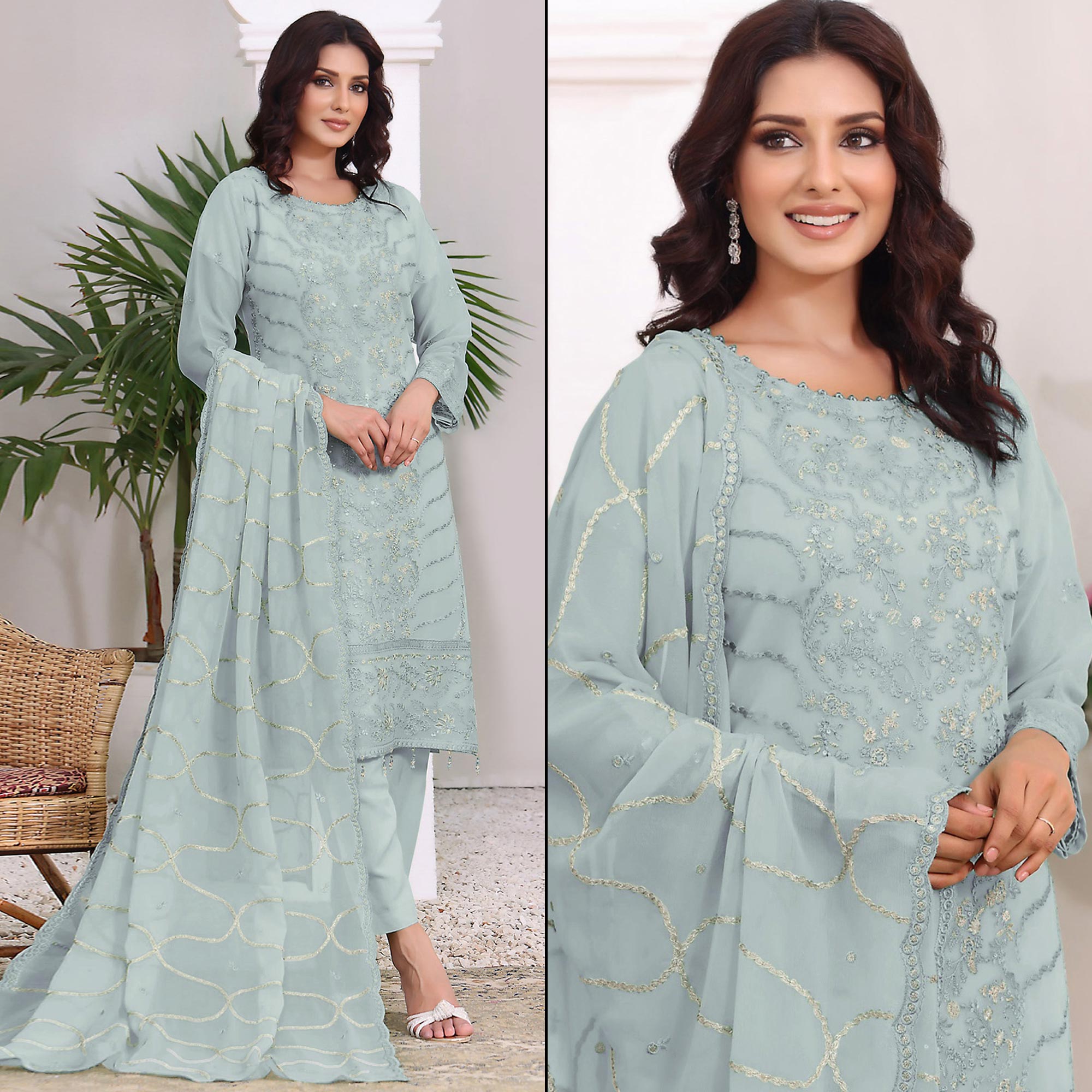 Sky Blue Embroidered Georgette Pakistani Semi Stitched Dress Material