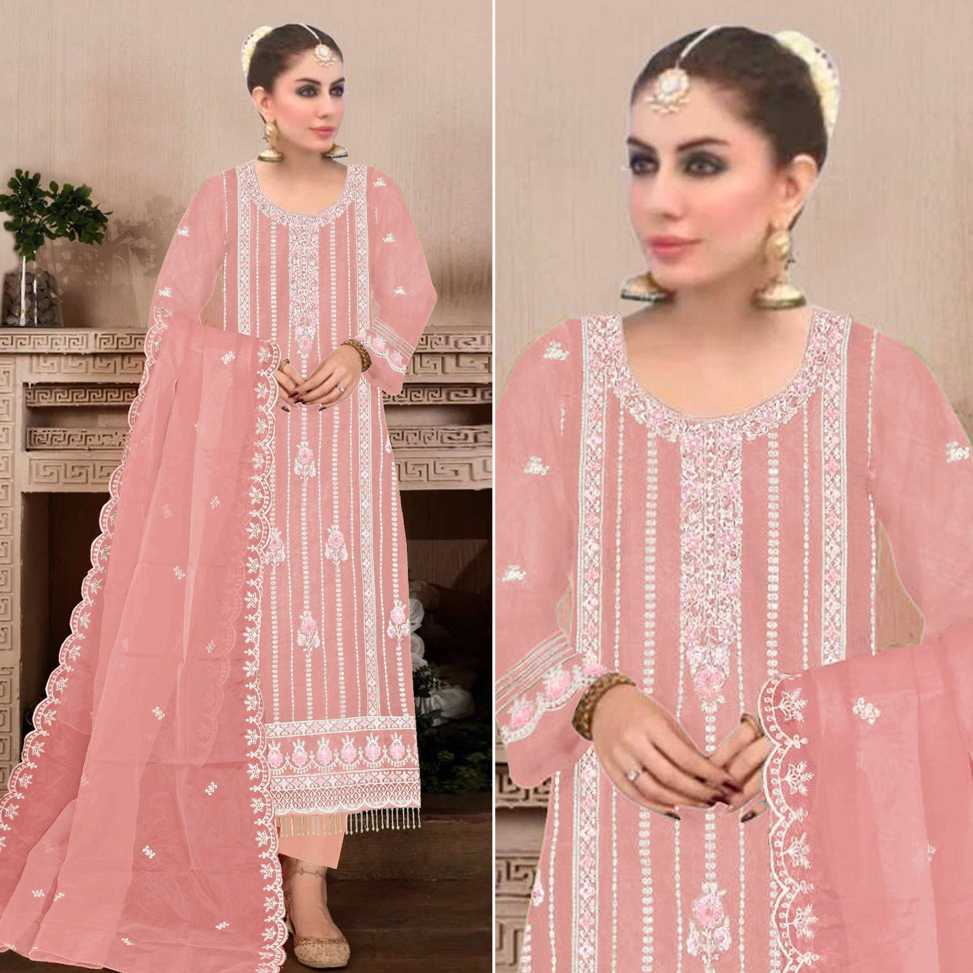 Peach Floral Hand Embroidered Georgette Semi Stitched Pakistani Suit