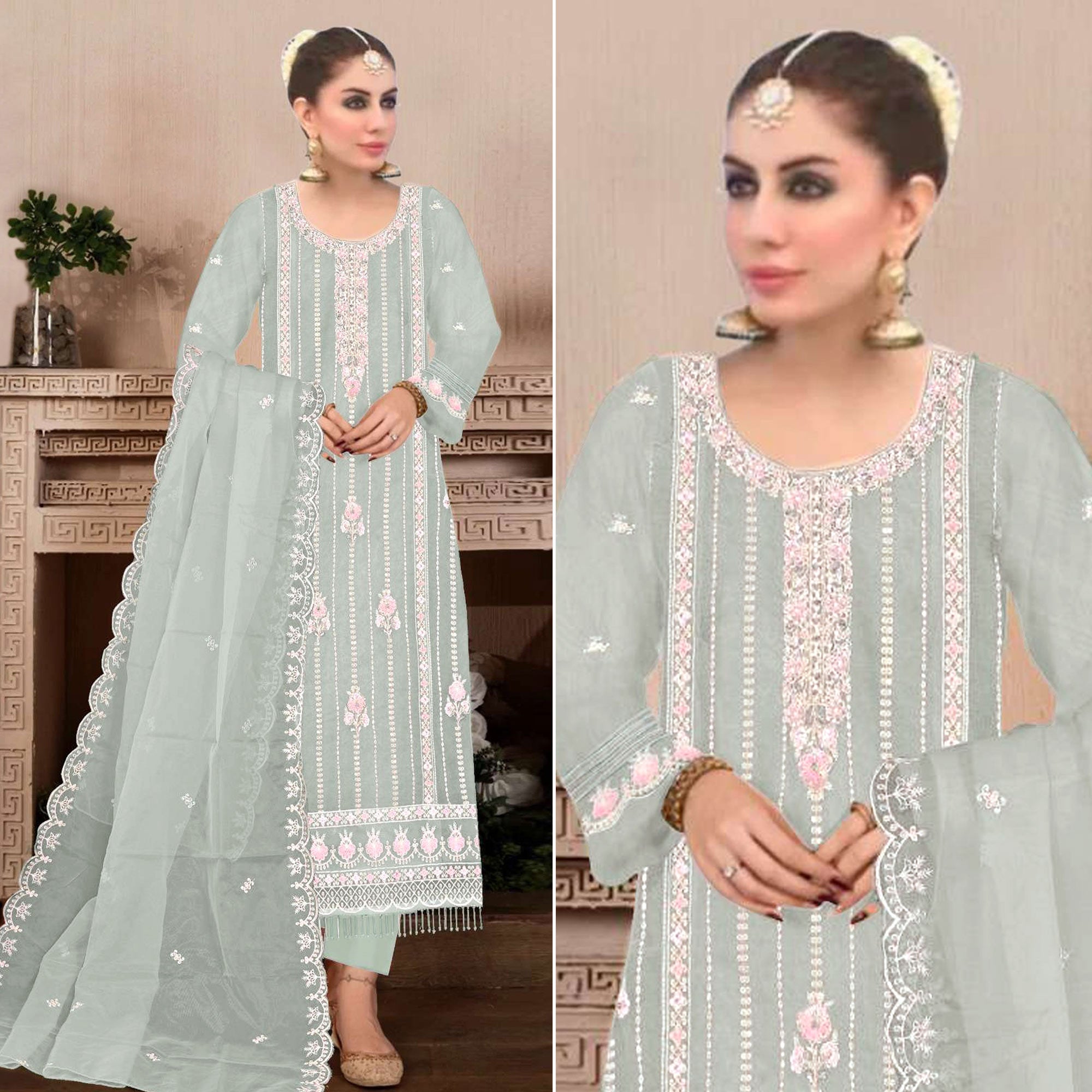 Sea Green Floral Hand Embroidered Georgette Semi Stitched Pakistani Suit