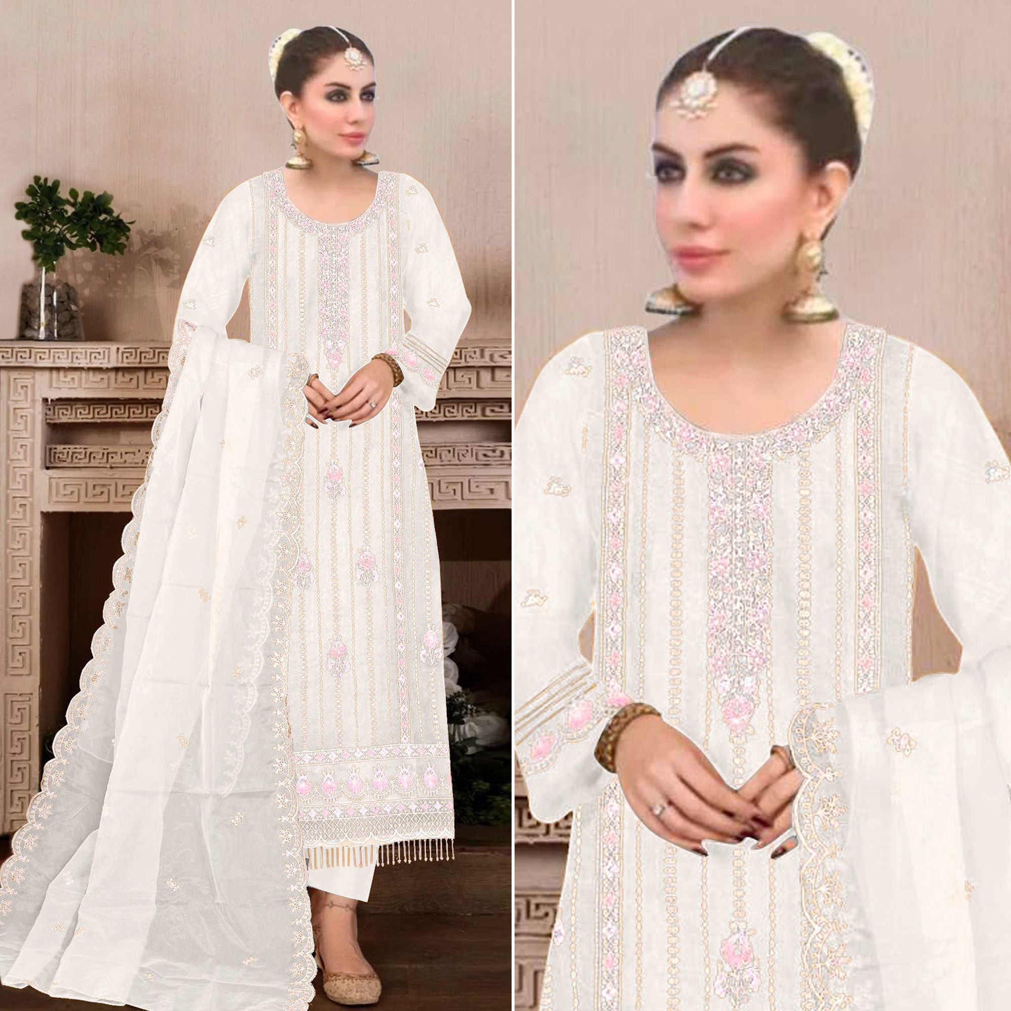 Cream Floral Hand Embroidered Georgette Semi Stitched Pakistani Suit