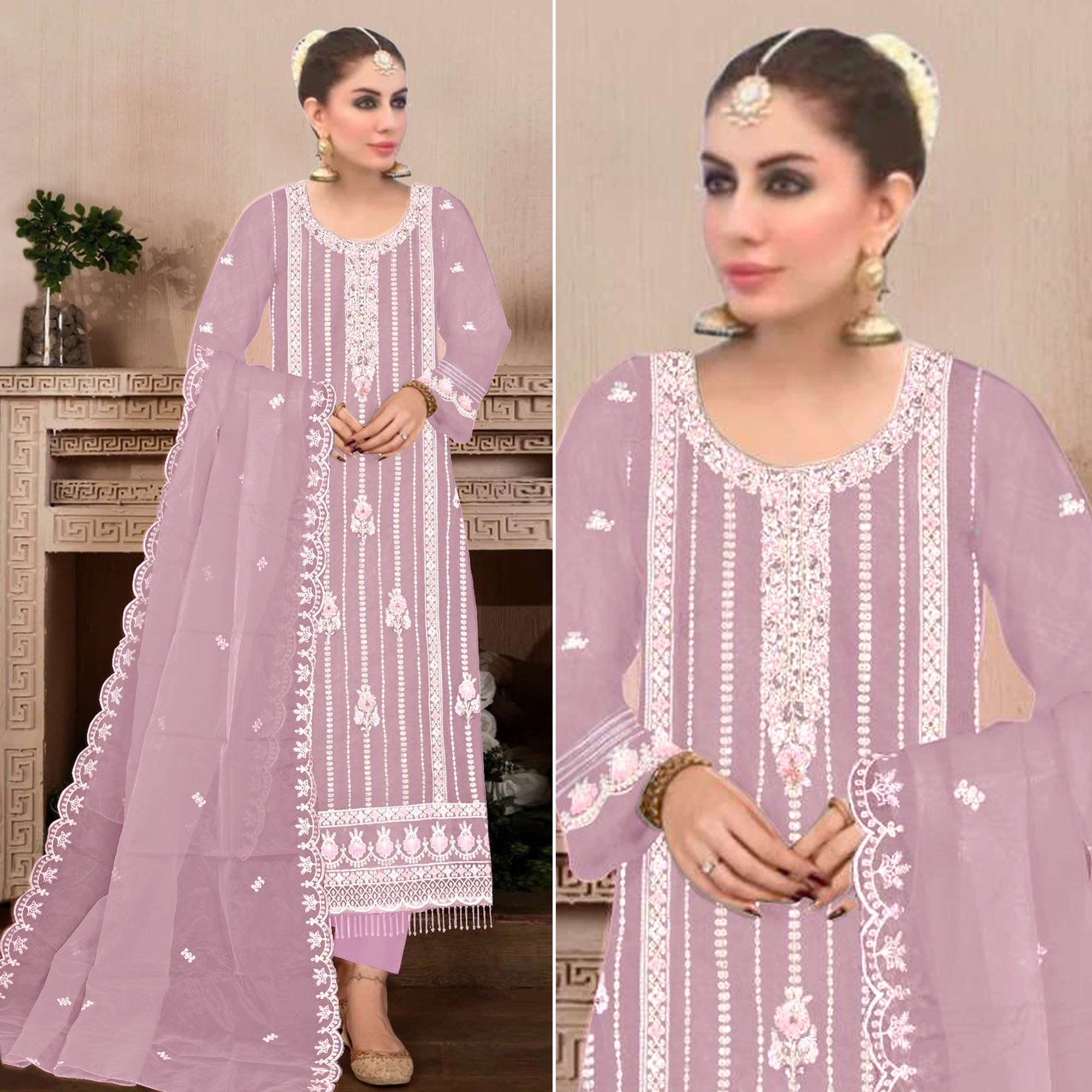 Light Purple Floral Hand Embroidered Georgette Semi Stitched Pakistani Suit