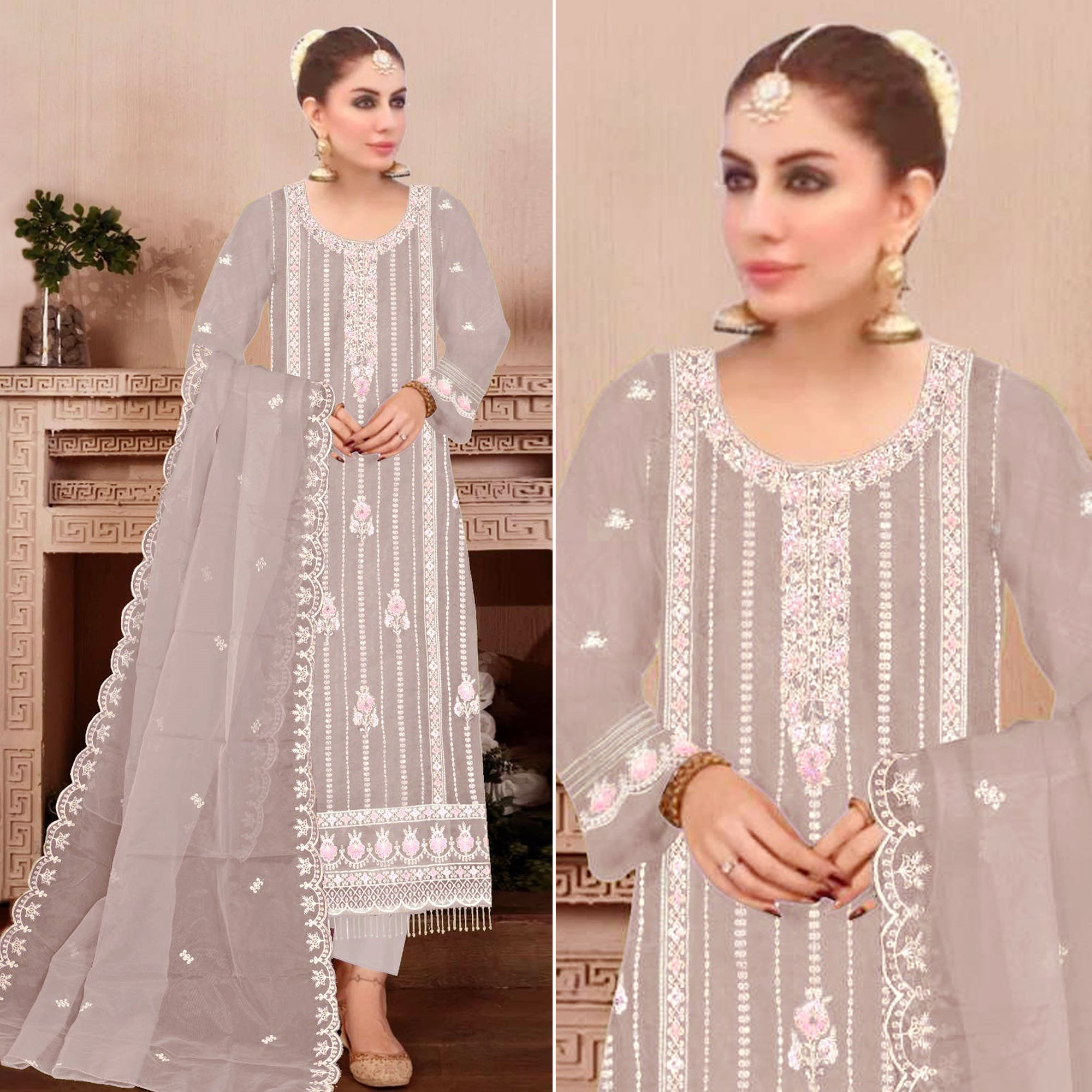 Beige Floral Hand Embroidered Georgette Semi Stitched Pakistani Suit