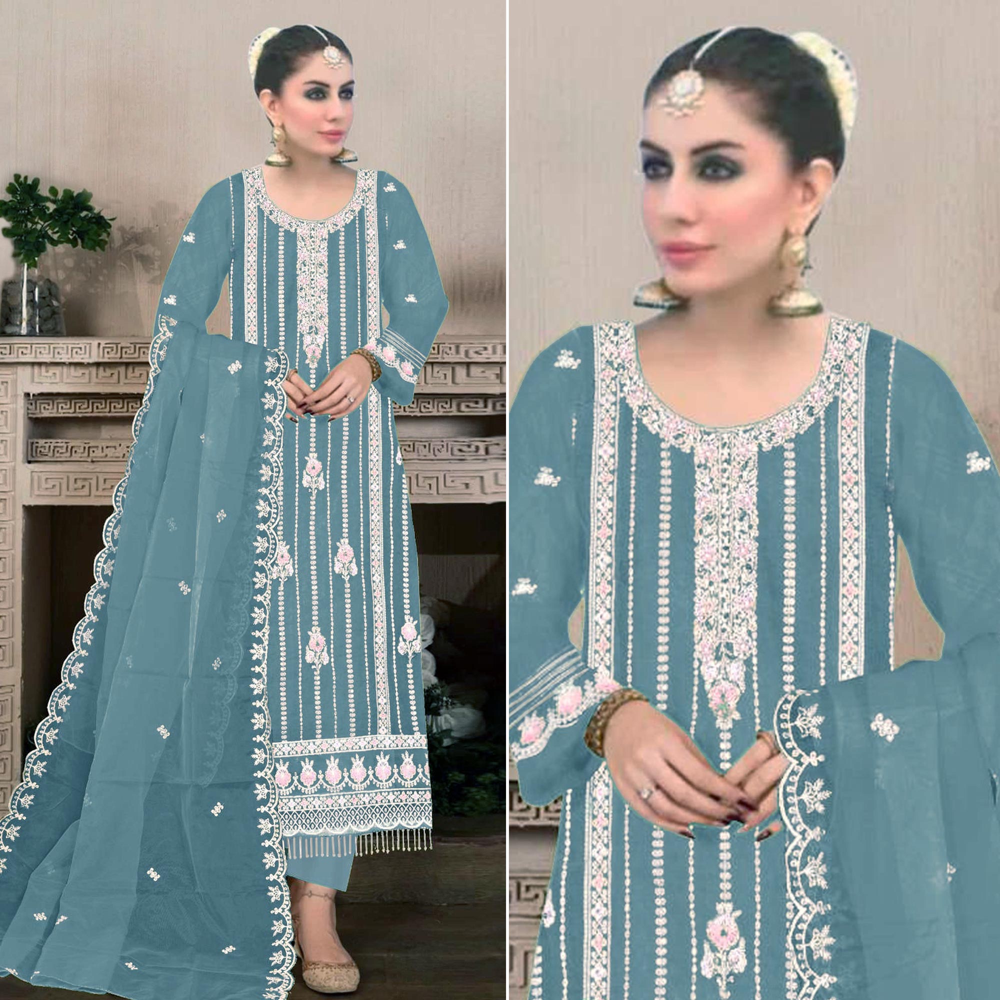 Blue Floral Hand Embroidered Georgette Semi Stitched Pakistani Suit