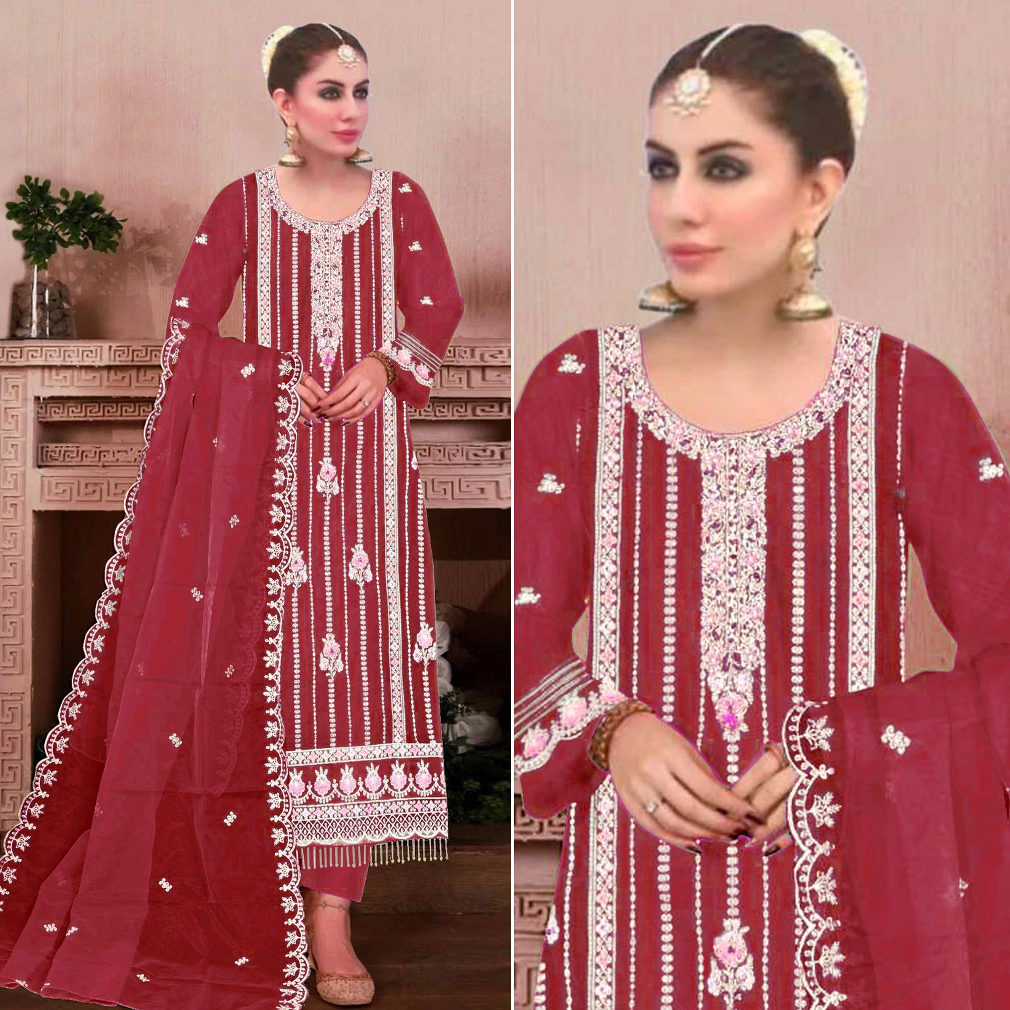 Maroon Floral Hand Embroidered Georgette Semi Stitched Pakistani Suit