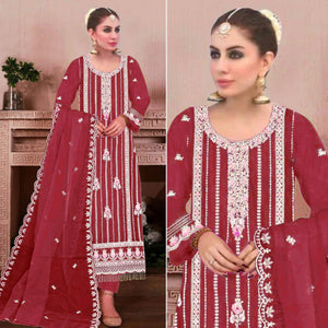Maroon Floral Hand Embroidered Georgette Semi Stitched Pakistani Suit
