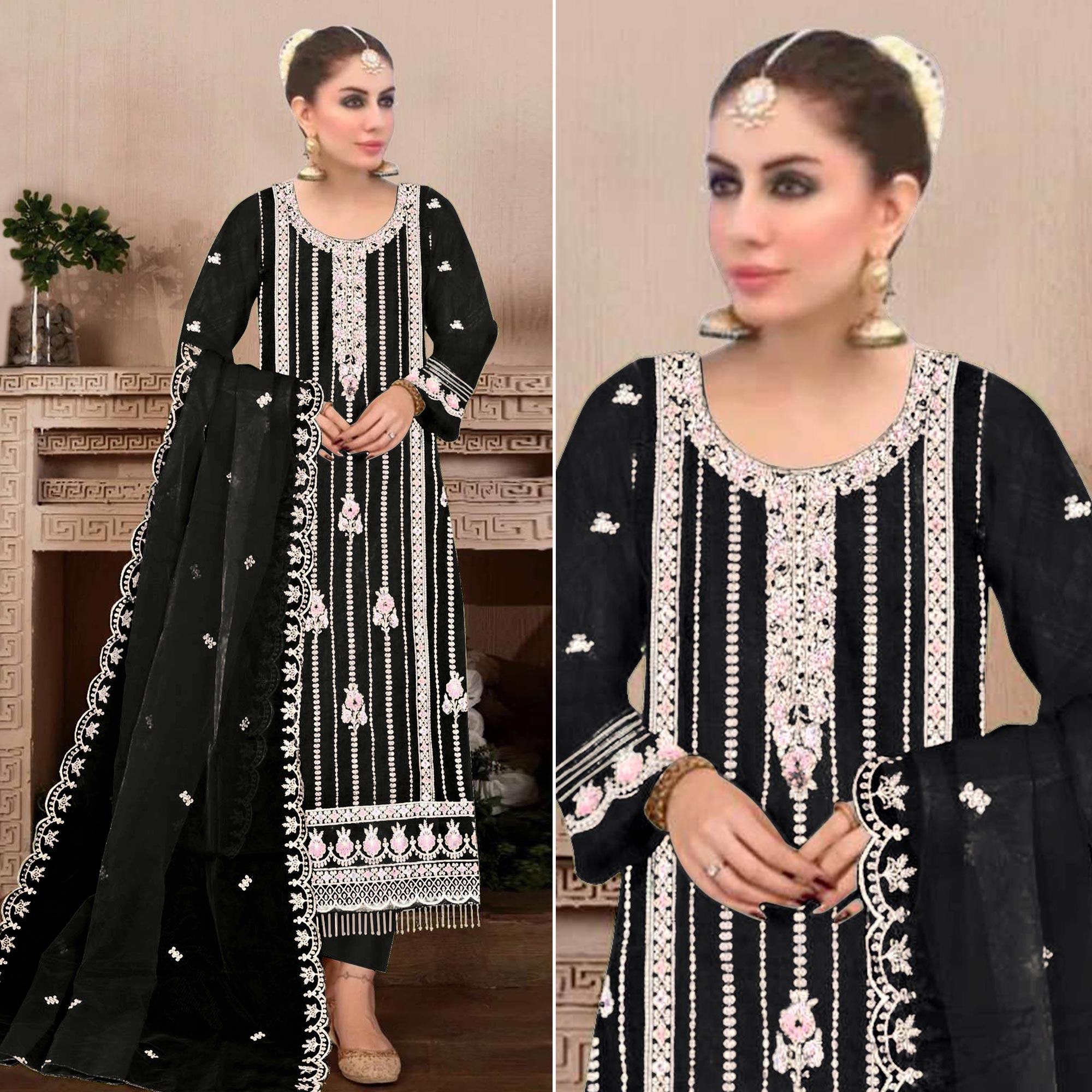 Black Floral Hand Embroidered Georgette Semi Stitched Pakistani Suit