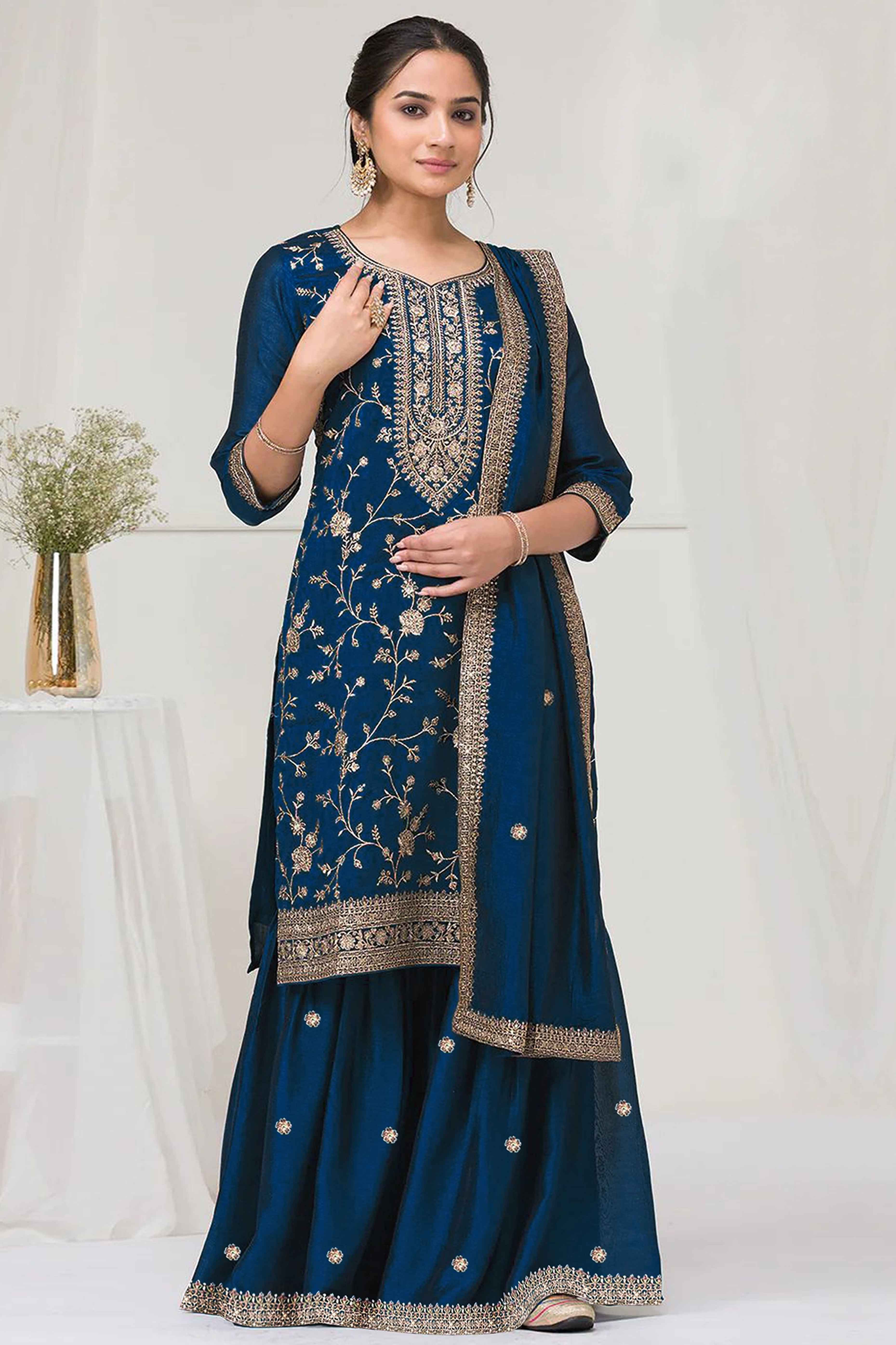 Navy Blue Beautiful Embroidered Pakistani Style Semi-Stitched Salwar S Navy Blue Beautiful Embroidered Pakistani Style Semi-Stitched Salwar S