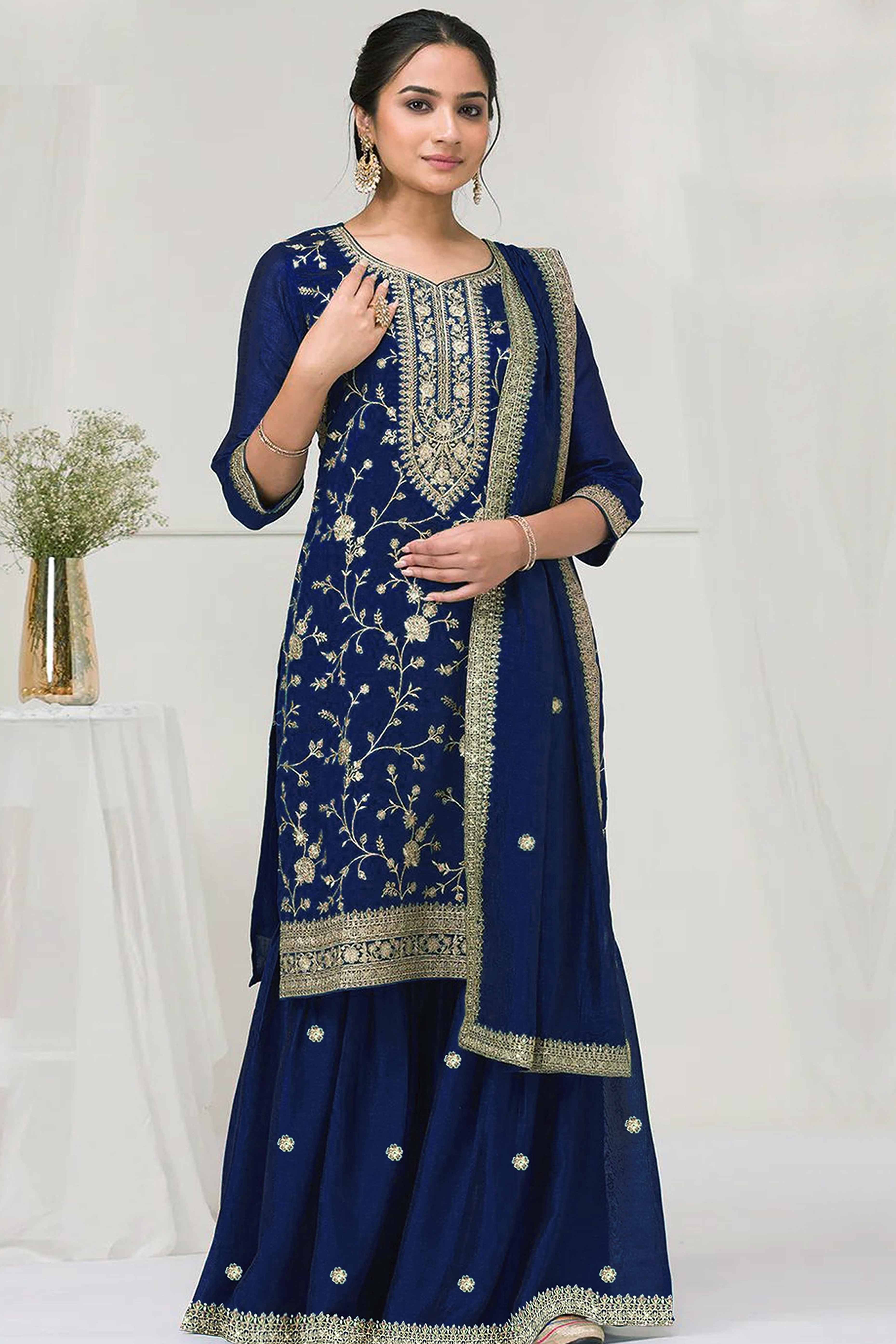 Navy Blue Beautiful Embroidered Pakistani Style Semi-Stitched Salwar Suit in Soft Georgette Fabric