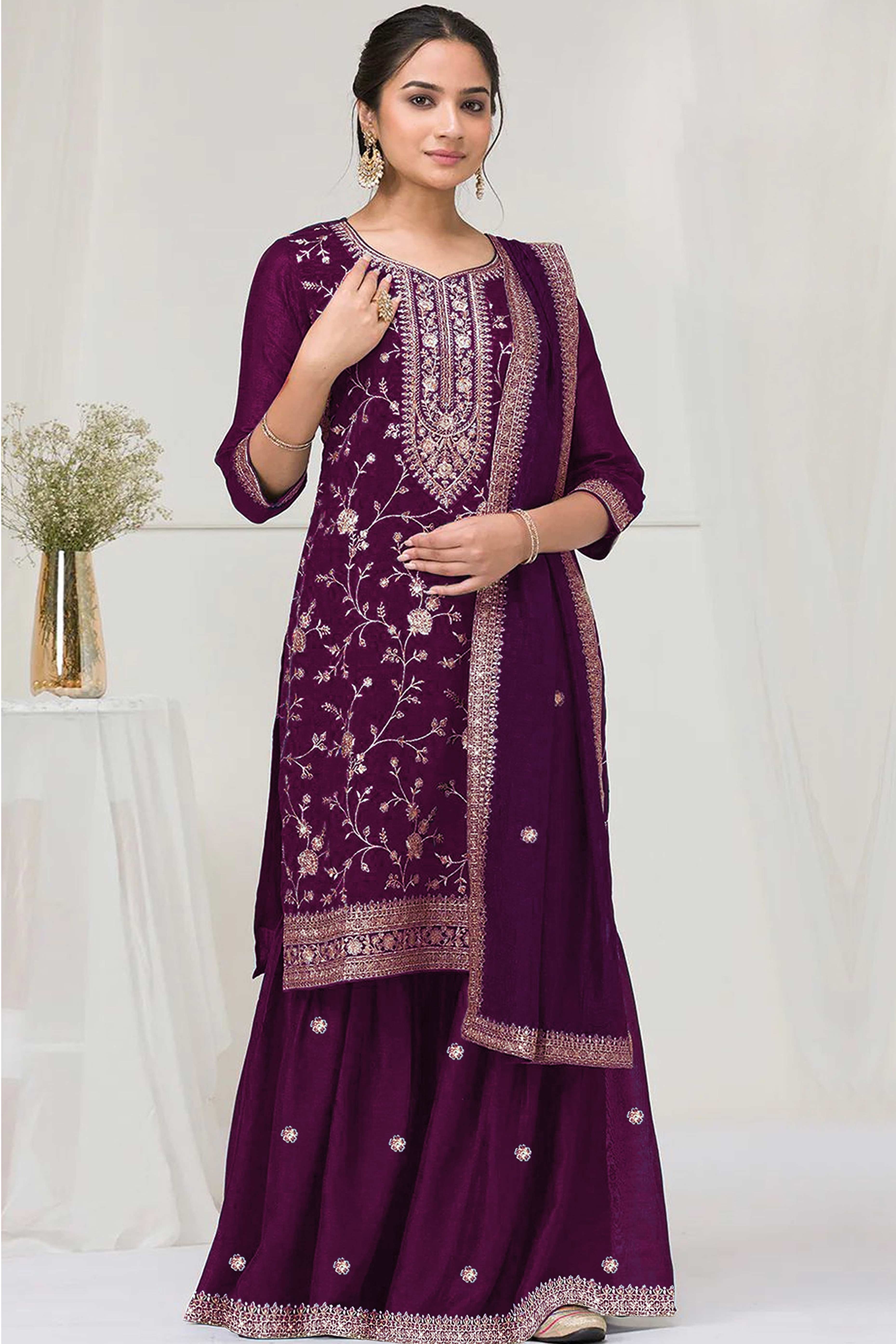 Purple Beautiful Embroidered Pakistani Style Semi-Stitched Salwar Suit in Soft Georgette Fabric