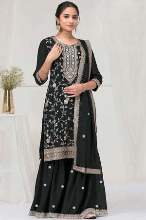 Black Beautiful Embroidered Pakistani Style Semi-Stitched Salwar Suit in Soft Georgette Fabric