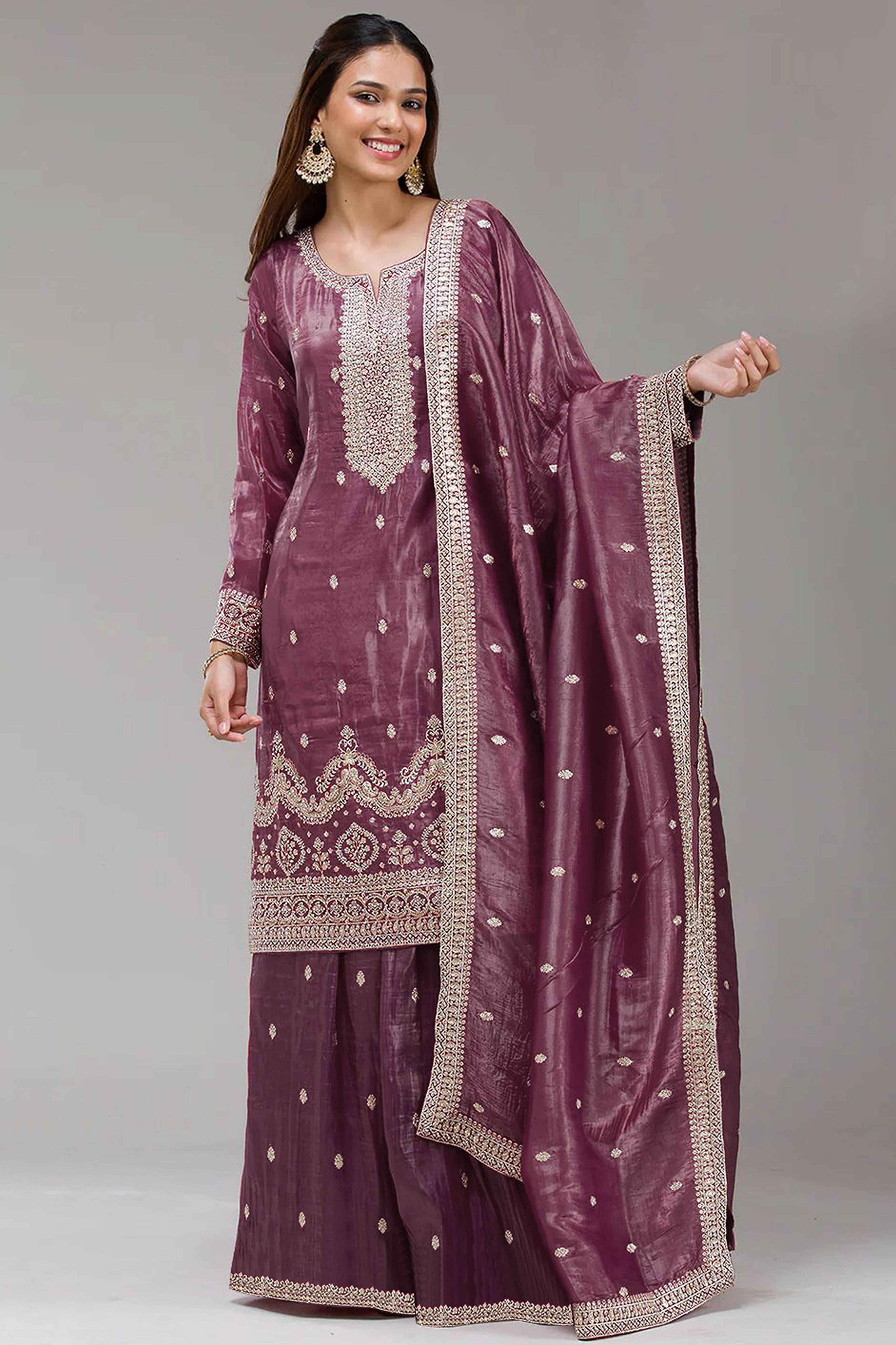 Mauve Embroidered Georgette Palazzo Style Semi-Stitched Salwar Suit for Graceful Occasions
