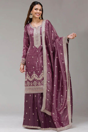 Mauve Embroidered Georgette Palazzo Style Semi-Stitched Salwar Suit for Graceful Occasions