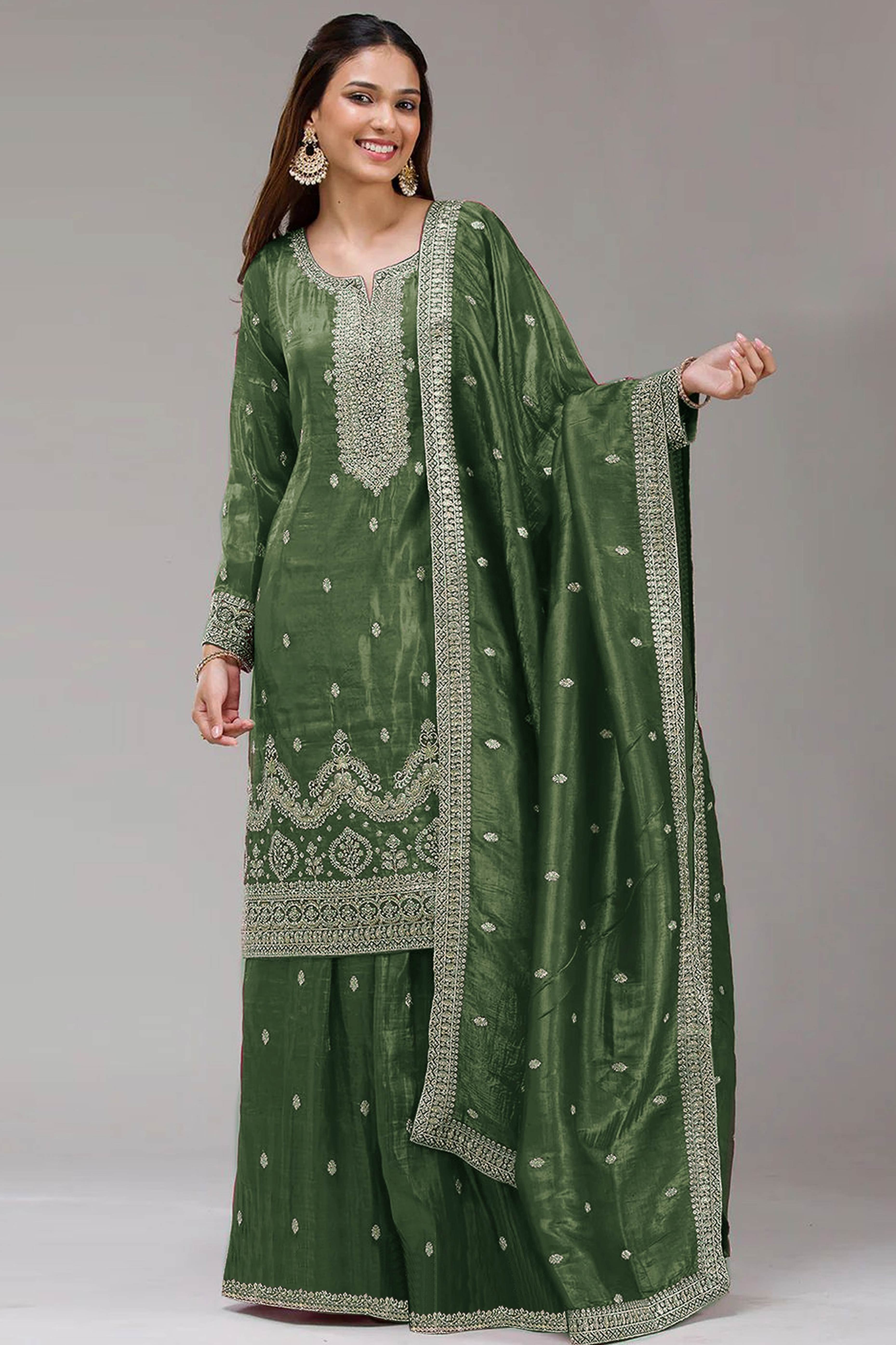 Green Embroidered Georgette Palazzo Style Semi-Stitched Salwar Suit for Graceful Occasions