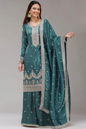 Teal Embroidered Georgette Palazzo Style Semi-Stitched Salwar Suit for Graceful Occasions