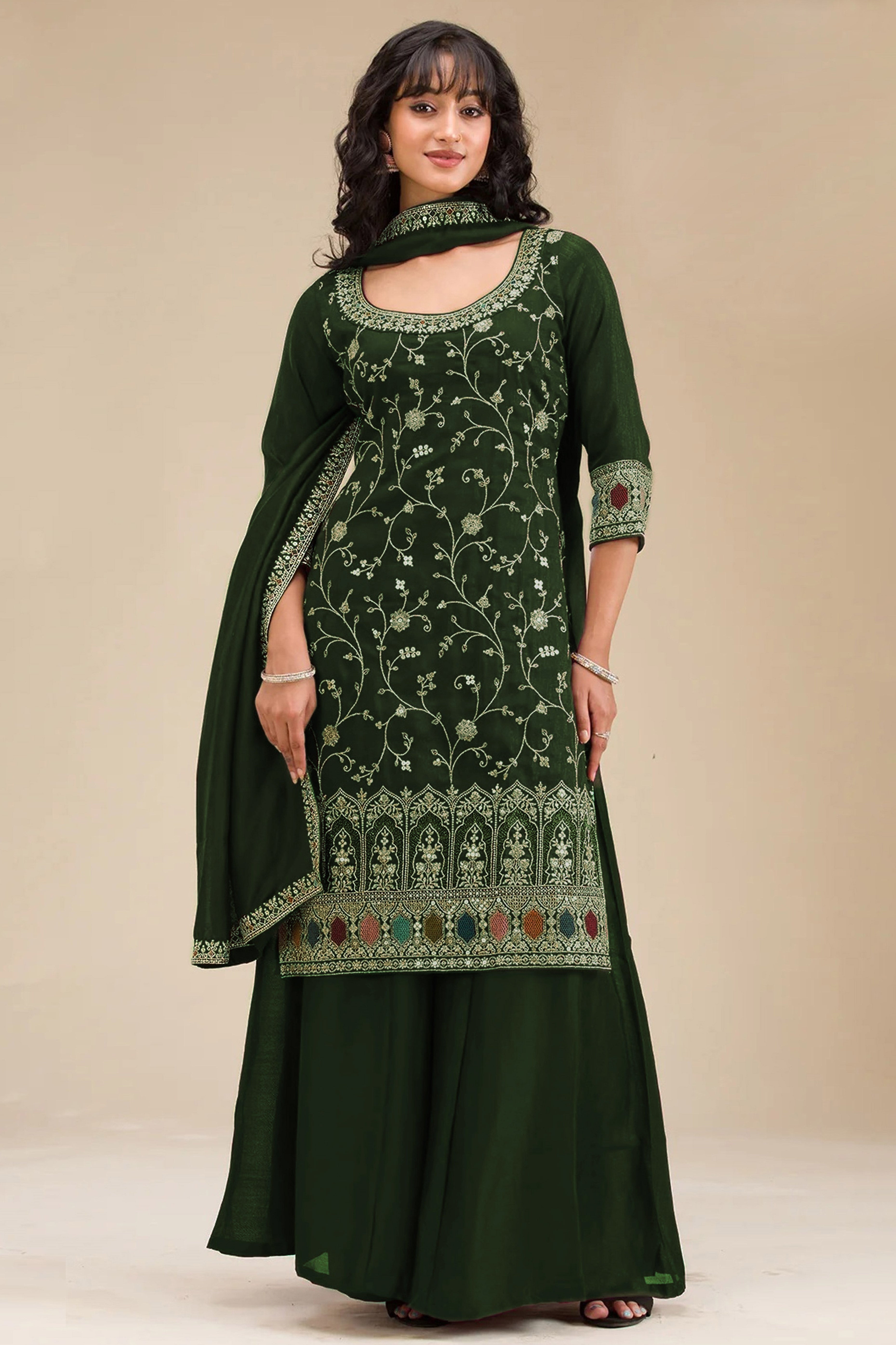 Luxury Green Floral Embroidered With Sequins Vichitra Silk Semi Stitched Pakistani Salwar Suit