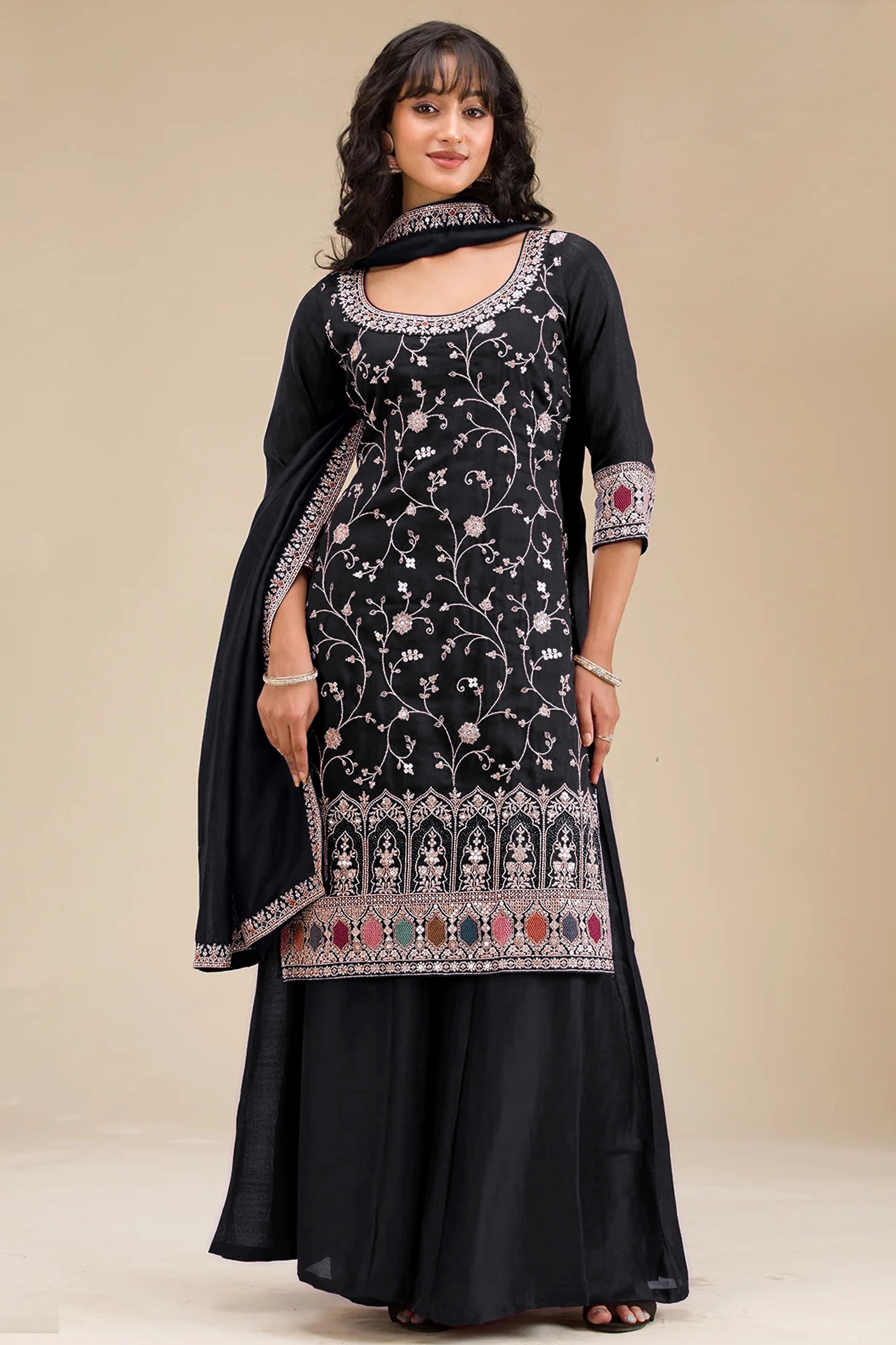 Luxury Black Floral Embroidered With Sequins Vichitra Silk Semi Stitched Pakistani Salwar Suit