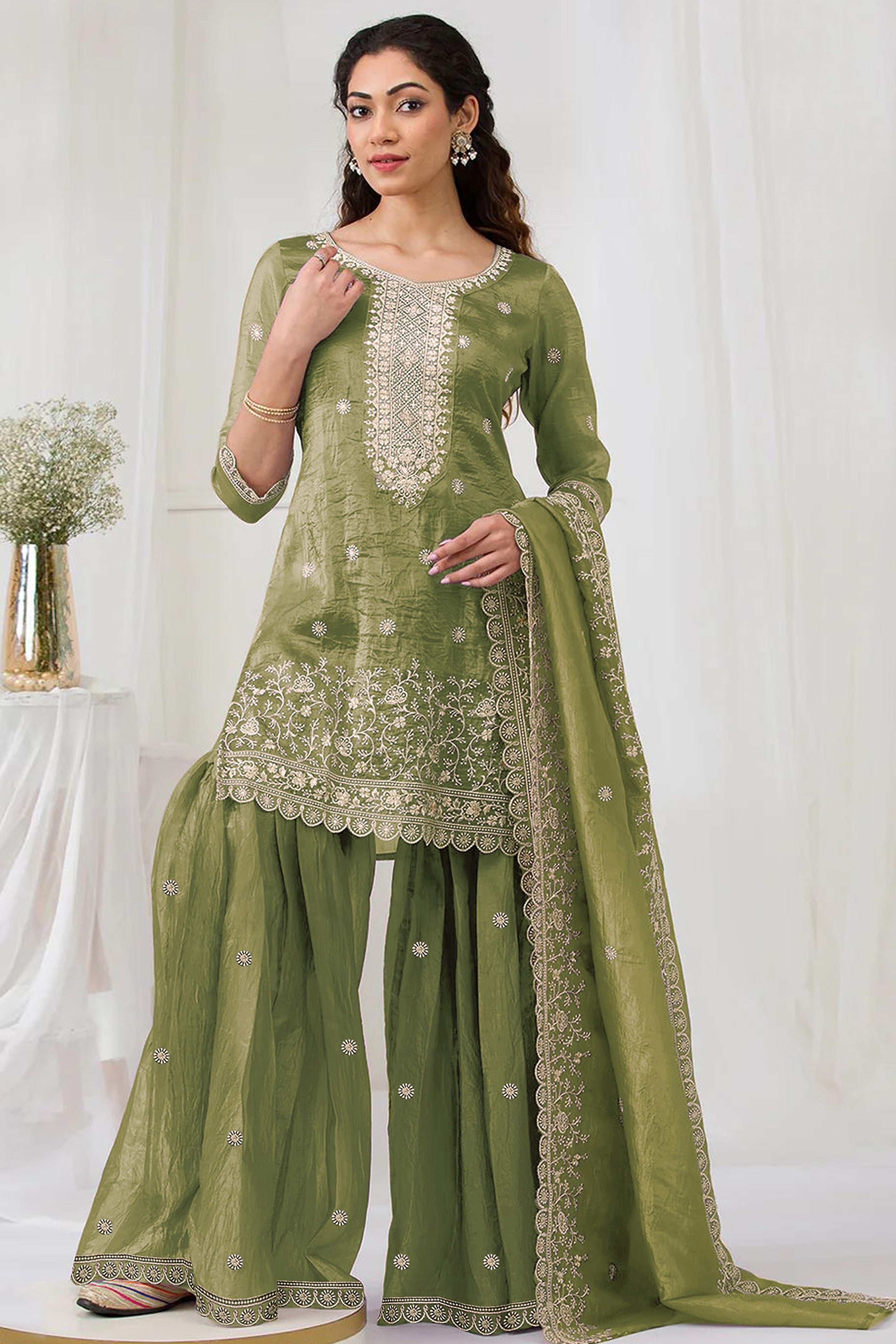 Green Elegant Embroidered Georgette Semi-Stitched Salwar Suit with Stylish Palazzo Bottoms
