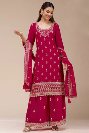 Charming Cherry Red Floral Sequins Embroidered Georgette Semi Stitched Pakistani Salwar Suit