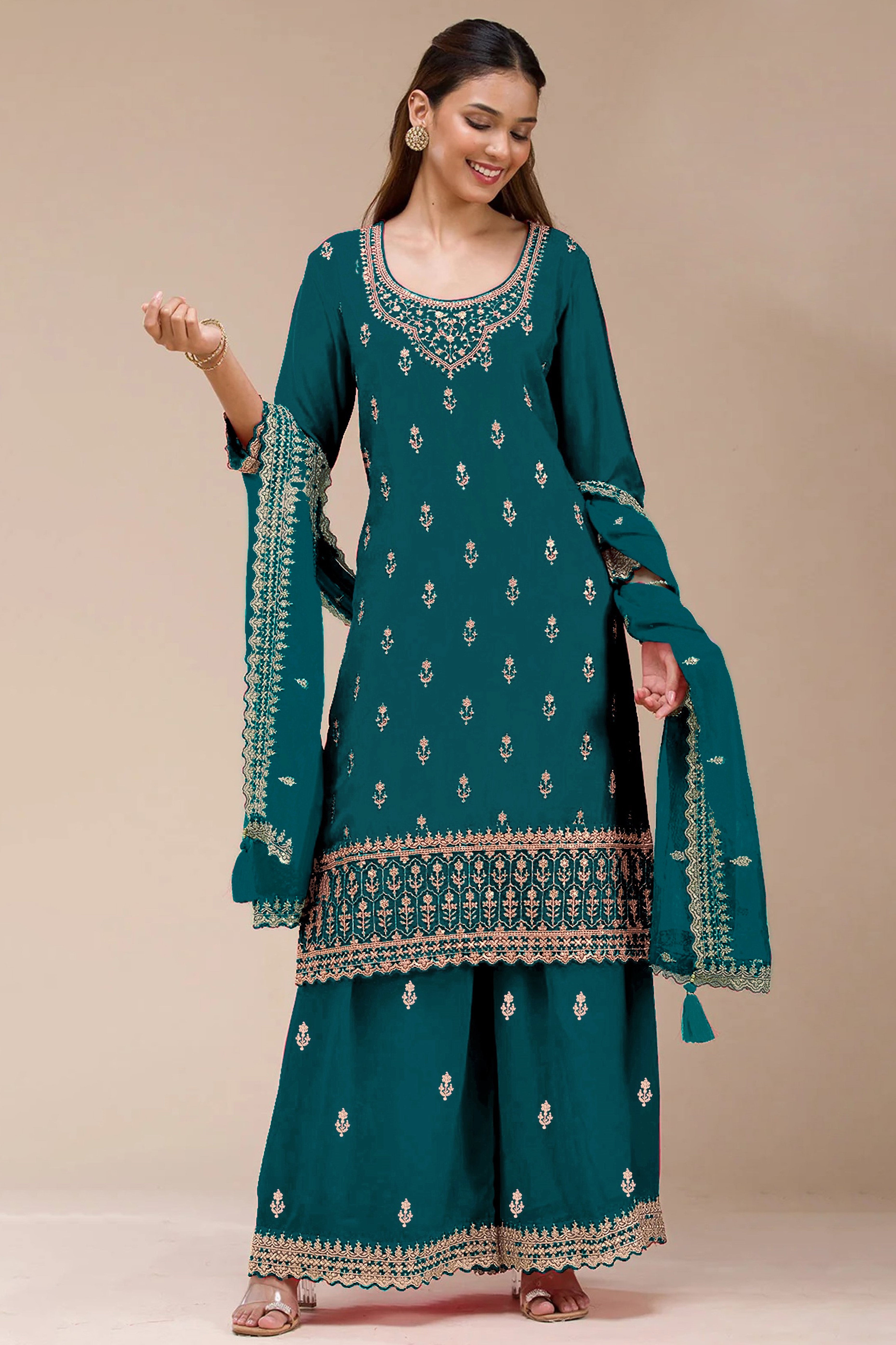 Charming Teal Floral Sequins Embroidered Georgette Semi Stitched Pakistani Salwar Suit