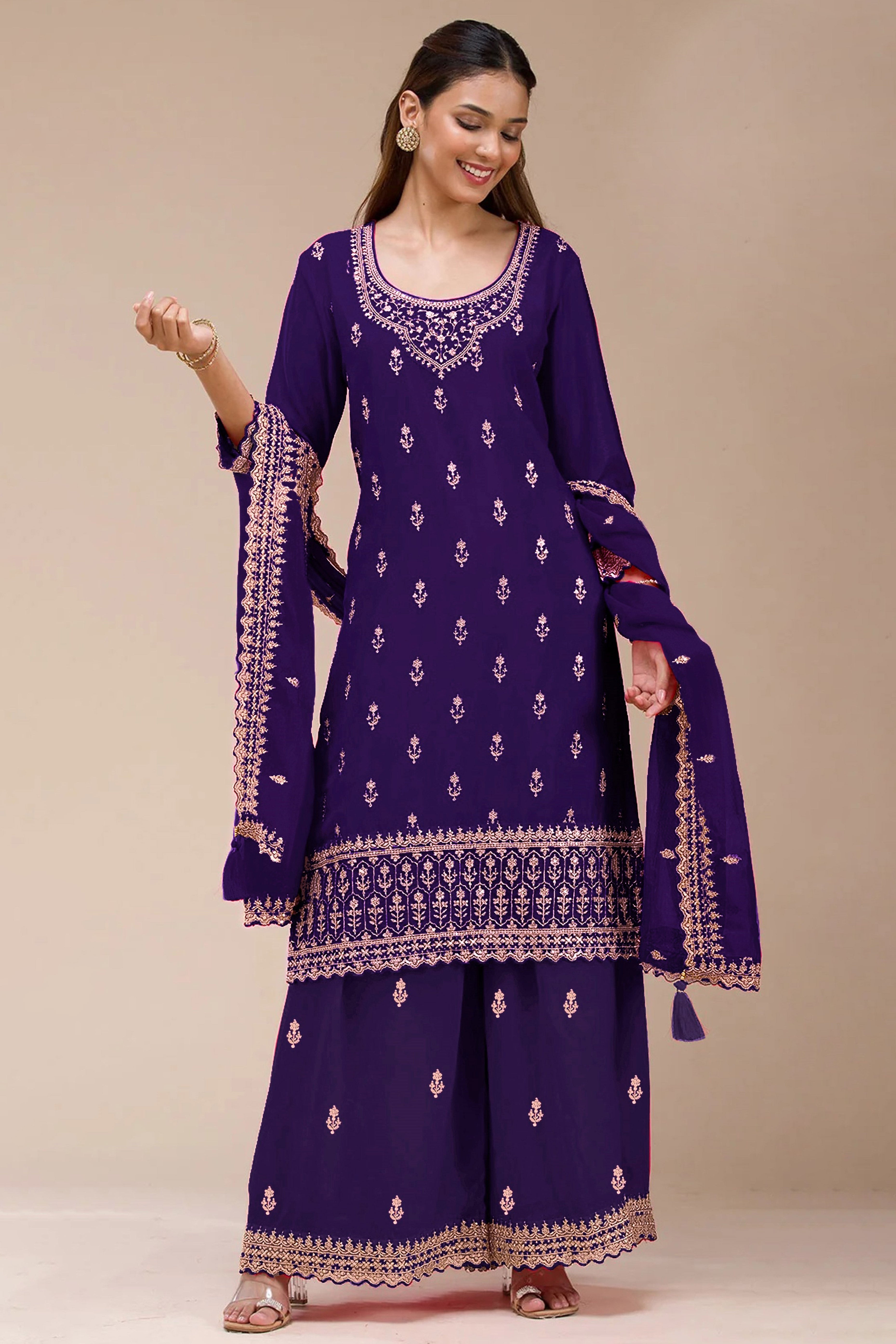 Charming Royal Purple  Floral Sequins Embroidered Georgette Semi Stitched Pakistani Salwar Suit