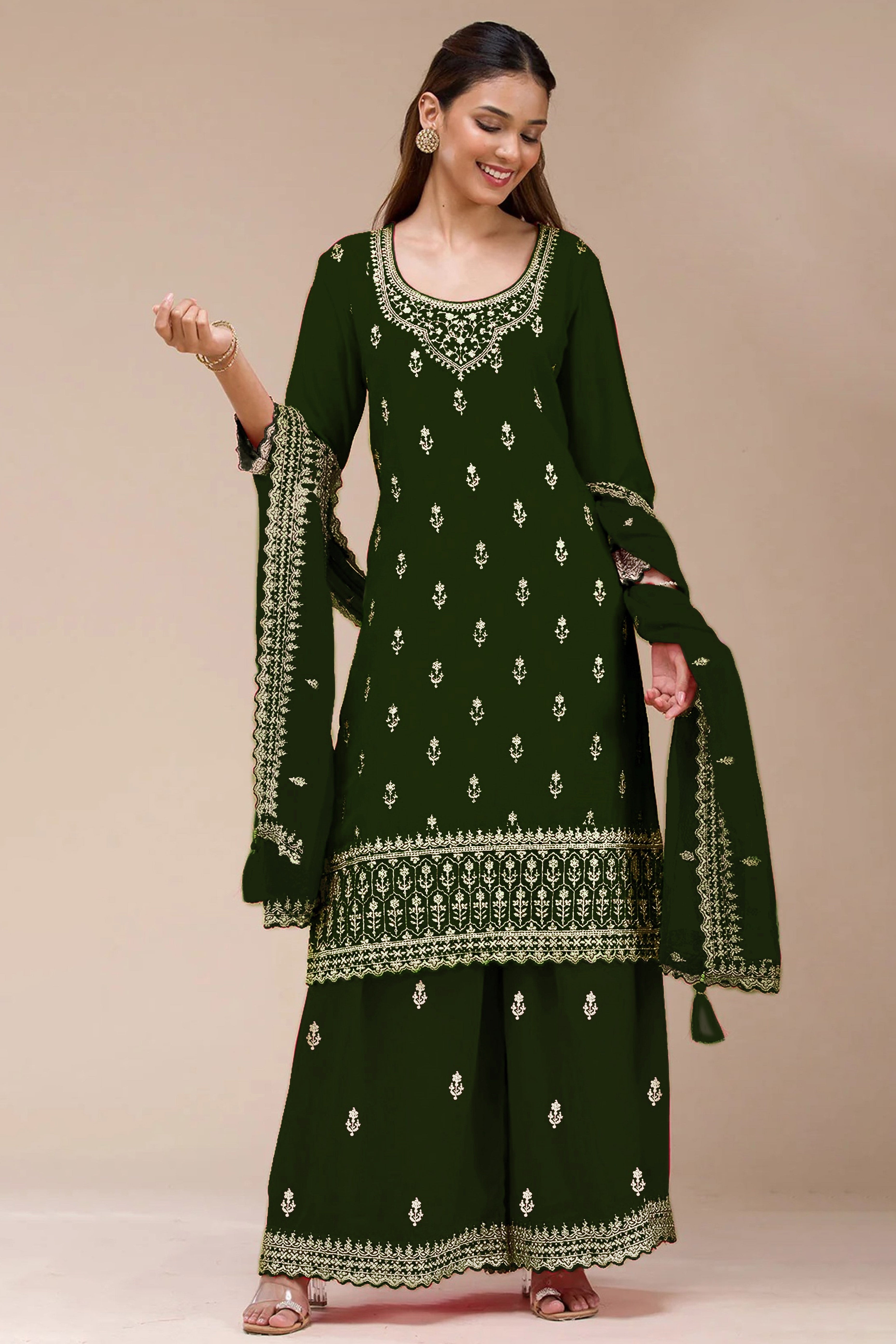 Charming Green Floral Sequins Embroidered Georgette Semi Stitched Pakistani Salwar Suit
