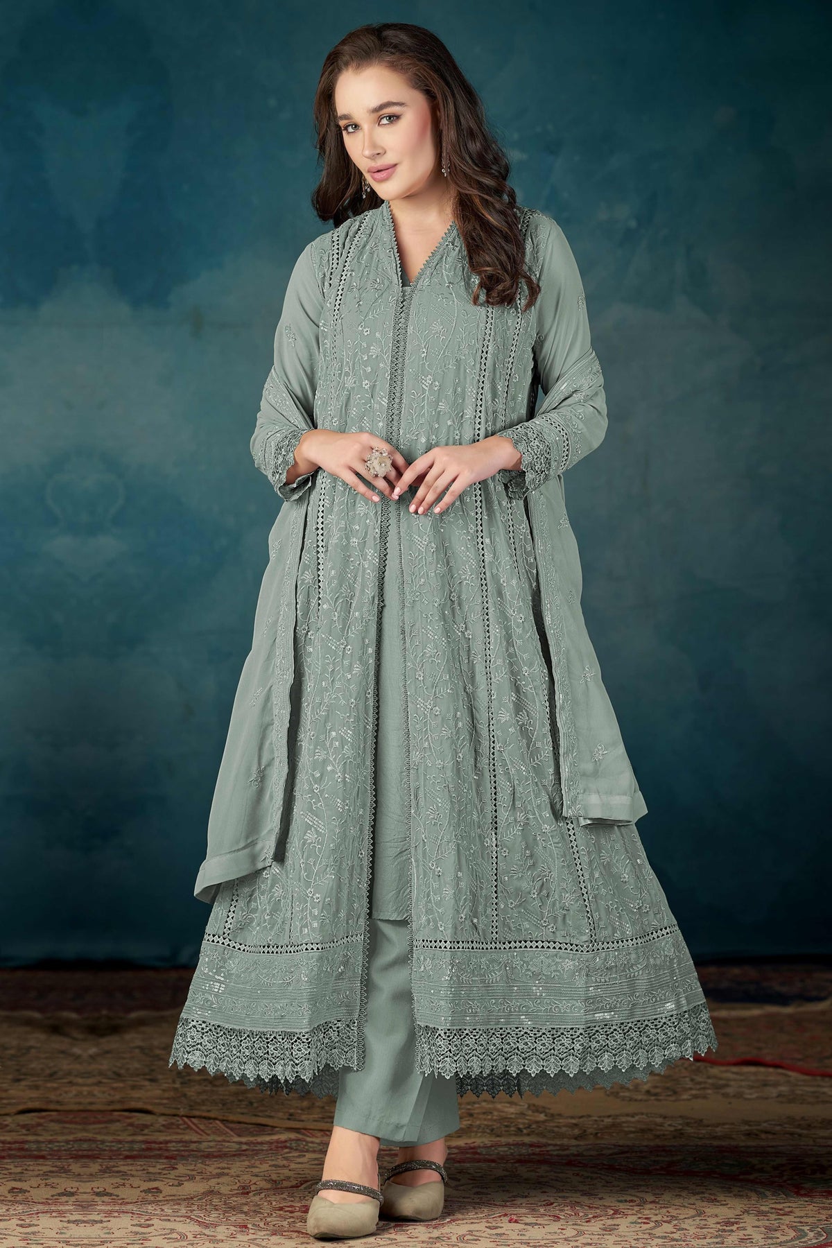 Beautiful Sage Green Embroidered Pakistani Style Semi-Stitched Salwar
