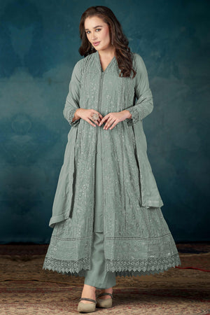 Beautiful Sage Green Embroidered Pakistani Style Semi-Stitched Salwar Suit in Soft Georgette Fabric