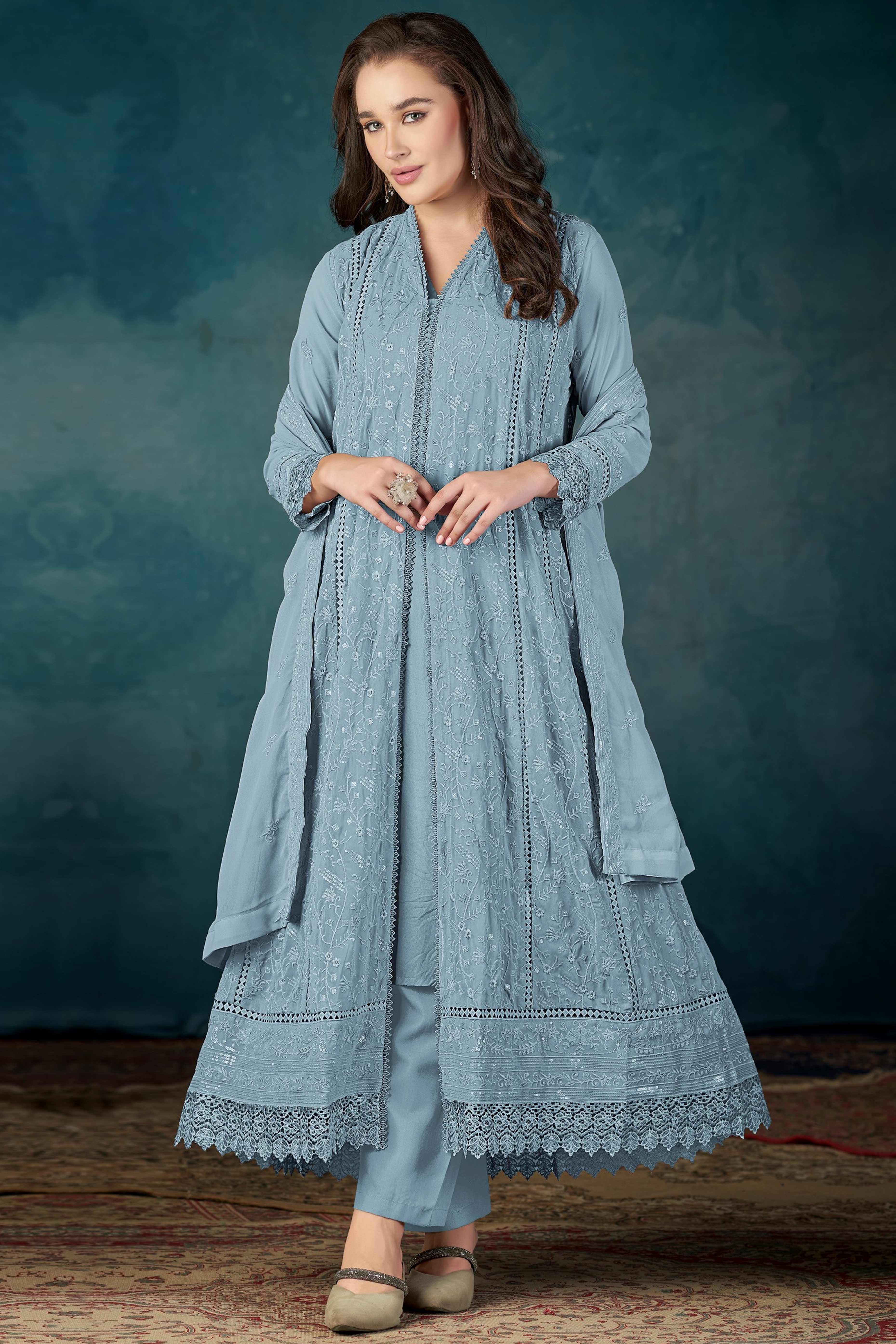 Beautiful Light Blue Embroidered Pakistani Style Semi-Stitched Salwar Suit in Soft Georgette Fabric